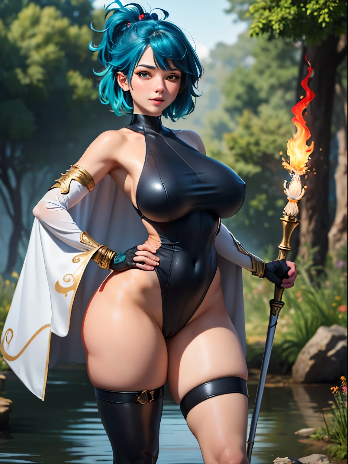 ((best quality)), ((masterpiece)), (detailed), perfect face, young adult girl 16 year old, green hair, white eyes, single thighhigh, thigh strap, long sleeves, clothing cutout, capelet, gloves, looking at viewer, hand on hip, mature female,gigantic breasts,big asa,white skin, jewelry, wet tight suit amor dress,blue red and black dress,black and blue armor,8k, super detail, ccurate,half naked,Bare shoulder,holding the dark magic spear ,whole body wet,Gold bracelet on leg,thunder magic, yellow and white flaming eye, blue aura,wet body,white milk on breasts,open hip,tight body,show breasts,The tight outfit clearly shows every detail of the body