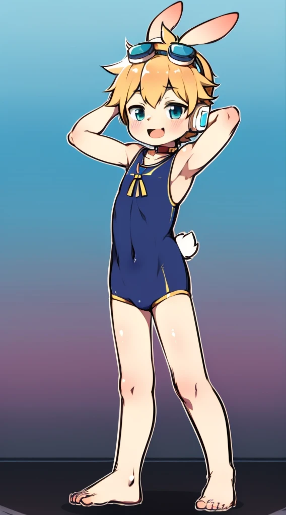 2D Boy Shota,one-piece swimsuit,Slim, healthy body,Put the headphones on your head,stand up,goggles,Rabbit ears,happy,Sailor collar,cute