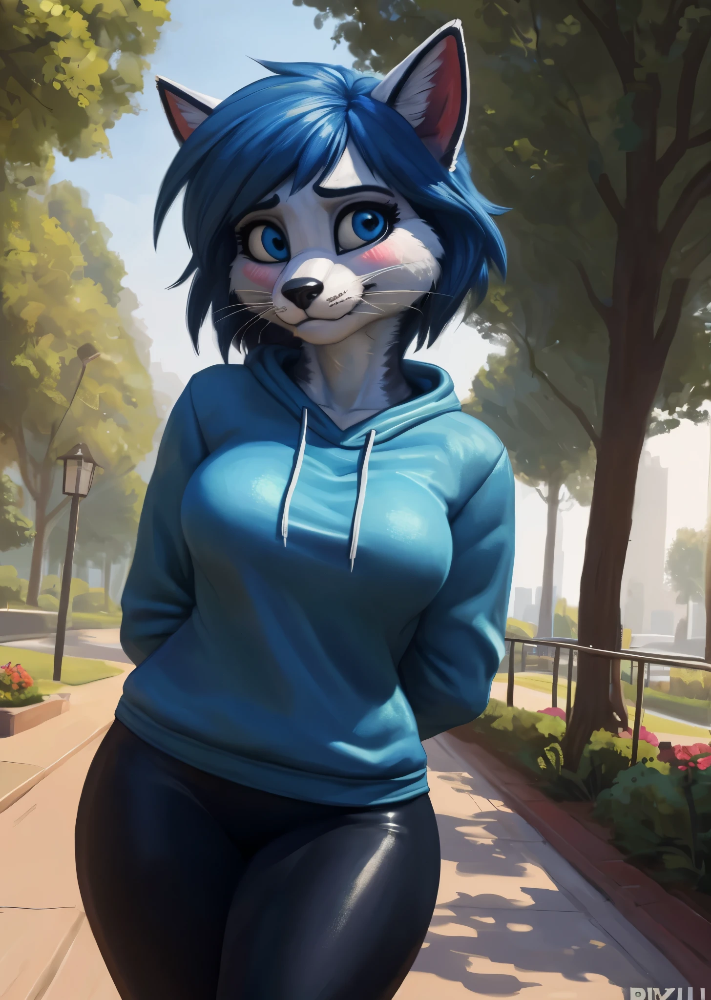 [Uploaded to .com; (@rayjayes), (@pixelsketcher), (@foxovh)], ((masterpiece)), ((HD)), ((high res)), ((solo portrait)), ((waist-up)), ((front view)), ((furry; anthro)), ((detailed fur)), ((detailed shading)), ((beautiful render art)), ((intricate details)), {anthro cat; (white fur), black nose, (whiskers), (cute blue eyes), (black pupils), (short eyelashes), (short blue hair), (spiky bang), (long blue tail), (blue fur on tail), (curvy hips), (beautiful legs), (blushing), (cute nervous smirk), (nervous expression)}, {(blue sweatshirt), (black yoga pants)}, {(standing), (nervous demeanor), (hands behind back), (looking at viewer)}, [background; (park), (flowers and trees), (blue sky), (sun rays), (ambient lighting)]