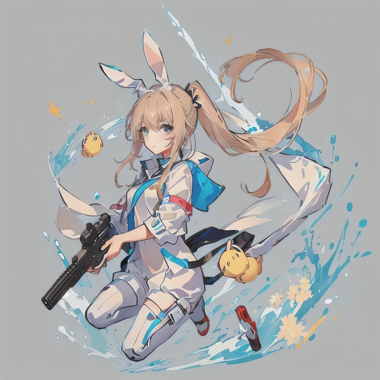 a drawing of a woman with a gun in her hand, bunny girl, original chibi bunny girl, lola bunny fanart, cutesexyrobutts, bunny suit, ultrarealistic sweet bunny girl, highly detailed exquisite fanart, bunnypunk, official fanart, rabbit_bunny, bunny, pixiv contest winner, wearing a bunny suit, rabbt_character, from girls frontline