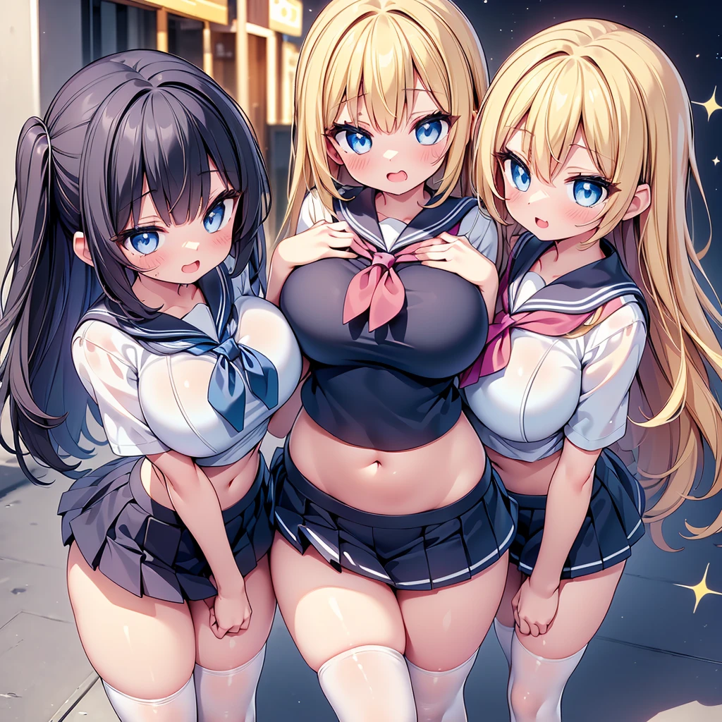 (cute eyes:1.2), (sparkling eyes:1.2), (beautiful eyes:1.2), highest quality,wonderful,finely,extremely detailed CG Unity 8K wallpaper, (Stand in line:1.2), (3 girls, sailor uniform, clothed), (skinny body:1.7), (huge breasts), (open mouth:1.1), (long tongue:1.1), (mouth drool:1.1), (Black knee socks:1.1),(Thighs:1.3),(Waistline:1.2),(midriff peek:1.2)