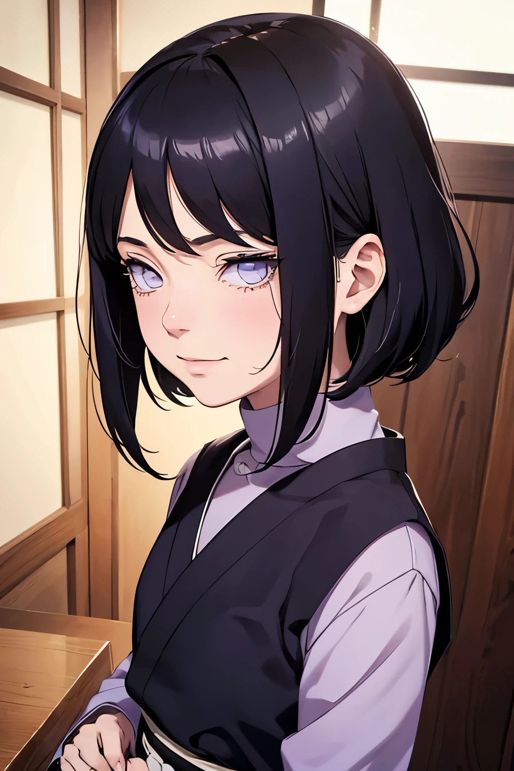 2d, _todler_, {{6 }}, RPG character in Naruto alternative universe by Masashi Kishimoto, specially in hyuga clan; Appearance base is Wraith from Apex Legends, with byakugan-soft lilac eyes, kind and soft expression making her look swwet; joyfull, short and dark hair (with shades of dark blue); artwork in modern Japanese animation style, 8k high definition quality, masterpiece, {{high detailed eyes}}, grain filter, high resolution, extremely detailed, portrait, Anatomically accurate, girly reddish cheeks; (highest quality:1.3), {{dutch angle}}, {{smiling todler}}, {{inocent}} ((byakugan)), ((child)), expression, kind expression, Traditional Hyuuga outfit