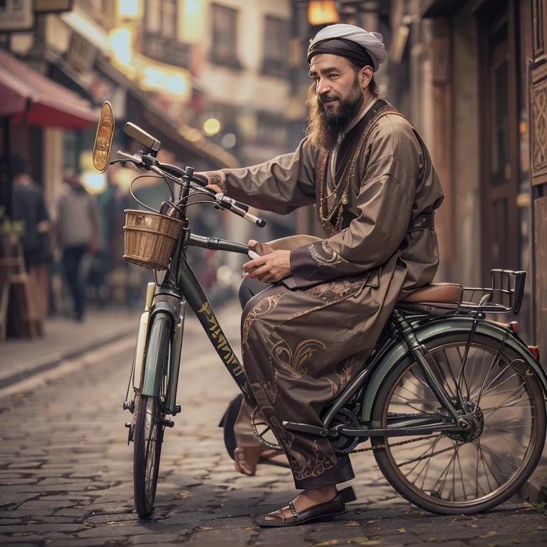 Ride an antique bicycle in baker street 、Hair flows、 ((highest quality、masterpiece、8k、best image quality、ultra high resolution、Award-winning work)、(accurate anatomy:1.1)、(look at me and smile:1.1)、Shining fair skin with ultra high resolution、most detailed face、ultra high resolution detailed face、ultra high resolutionの髪の毛、(ultra high resolutionの煌めく瞳:1.1)、Beautiful face drawn in every detail、(blurred background:1.1)、ancient Islamic clothes, chest together, tattoo,