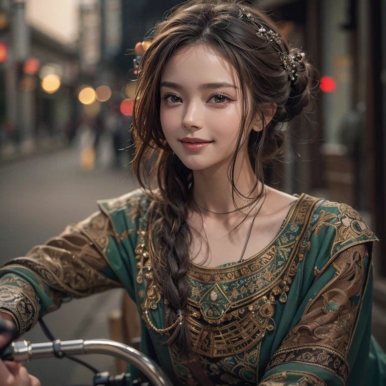 Ride an antique bicycle in baker street 、Hair flows、 ((highest quality、masterpiece、8k、best image quality、ultra high resolution、Award-winning work)、(accurate anatomy:1.1)、(look at me and smile:1.1)、Shining fair skin with ultra high resolution、most detailed face、ultra high resolution detailed face、ultra high resolutionの髪の毛、(ultra high resolutionの煌めく瞳:1.1)、Beautiful face drawn in every detail、(blurred background:1.1)、ancient Islamic clothes, chest together, tattoo,