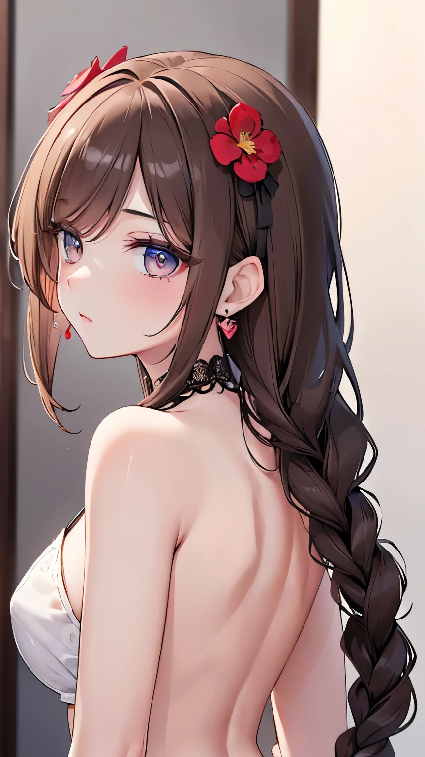 ((best quality)), ((masterpiece)), (detailed), perfect face, ((Best quality, 8k, Masterpiece: 1.3)), Sharp focus A beautiful woman with perfect body, Slim abdomen, Highly detailed face and skin texture, Detailed eyes, Double eyelid, brown hair, low twin braids, hair flower, heart earrings, from behind