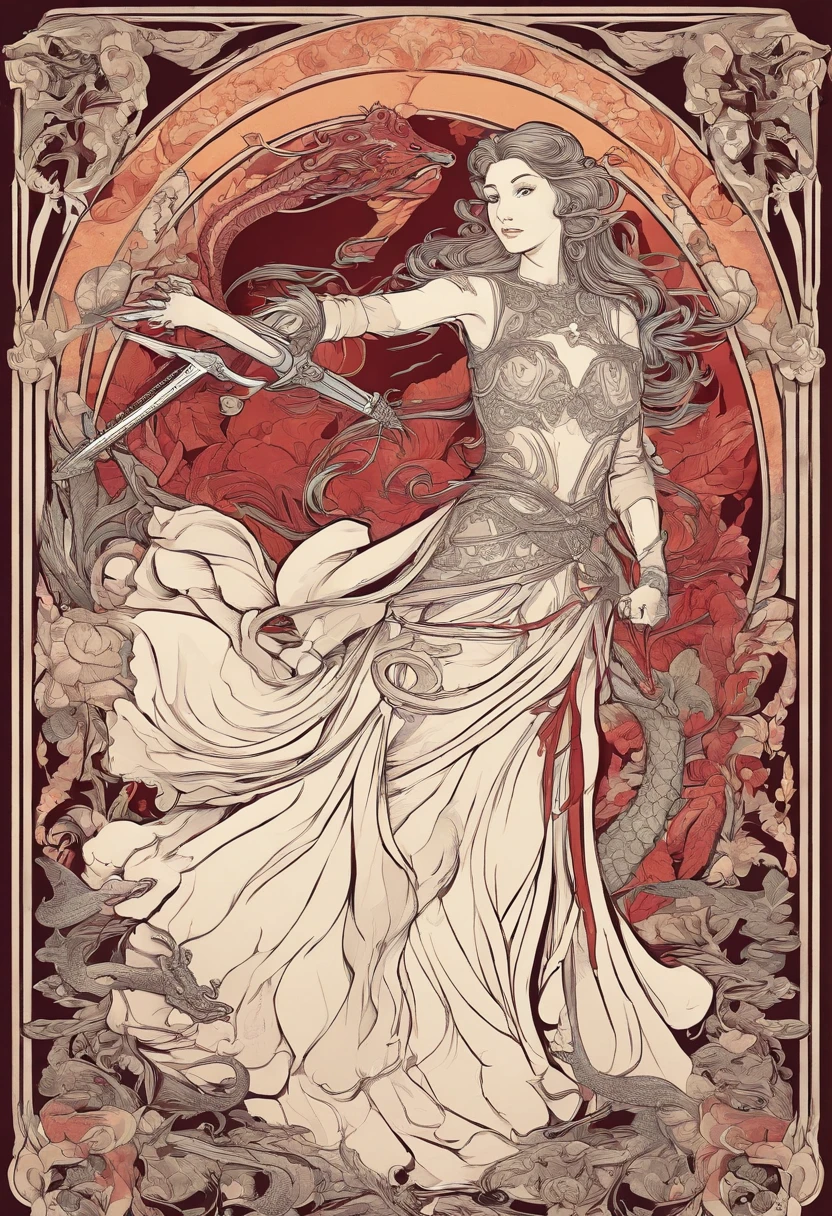 Princess fighting with a sword towards a dragon made of blood