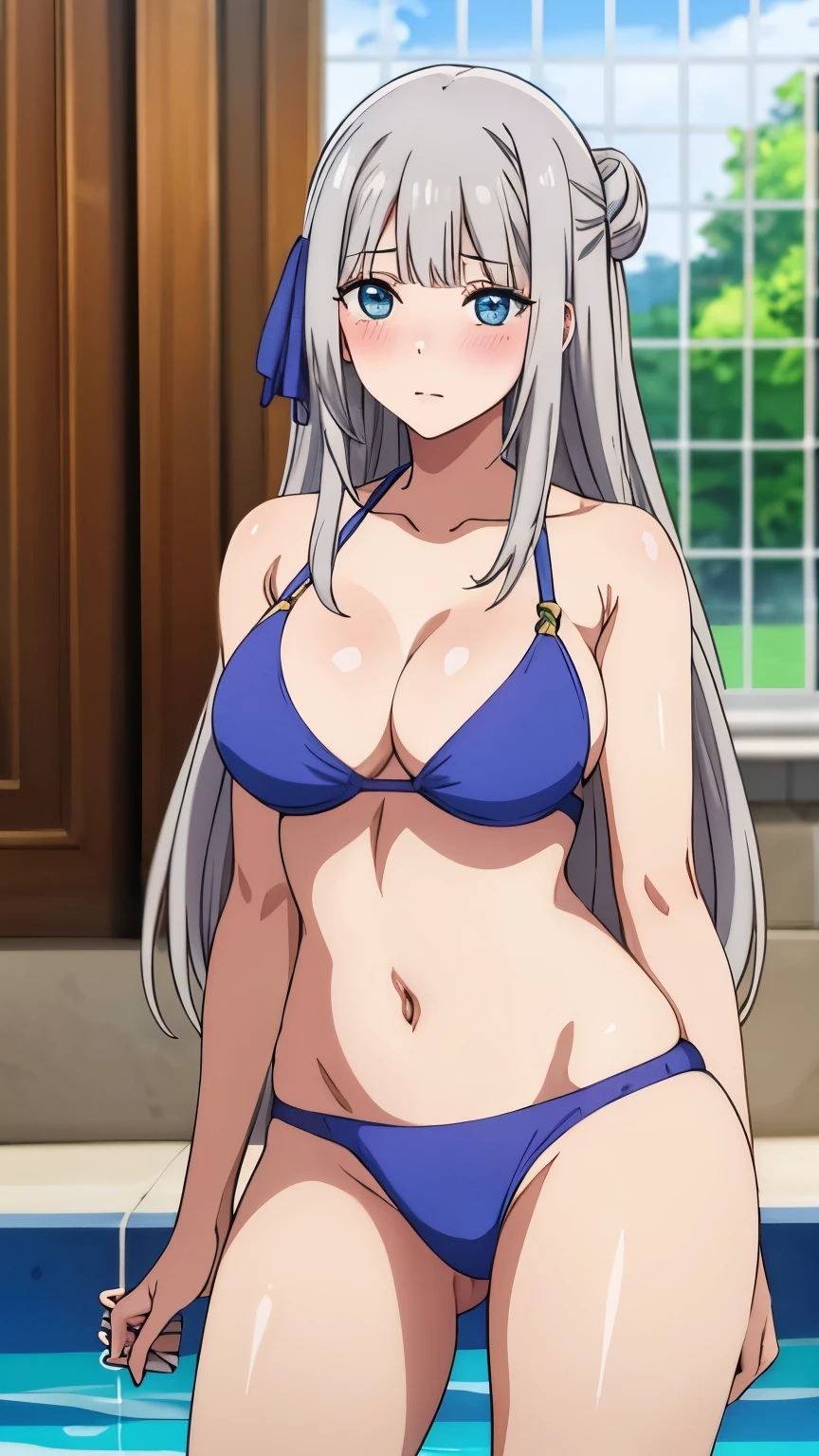 masterpiece, highest quality, Mylene HFV4, One girl, alone,Silver Hair, Large medium breasts ,Swimwear, Pool, blush, Hair Bun, Anime Coloring, Cowboy Shot,