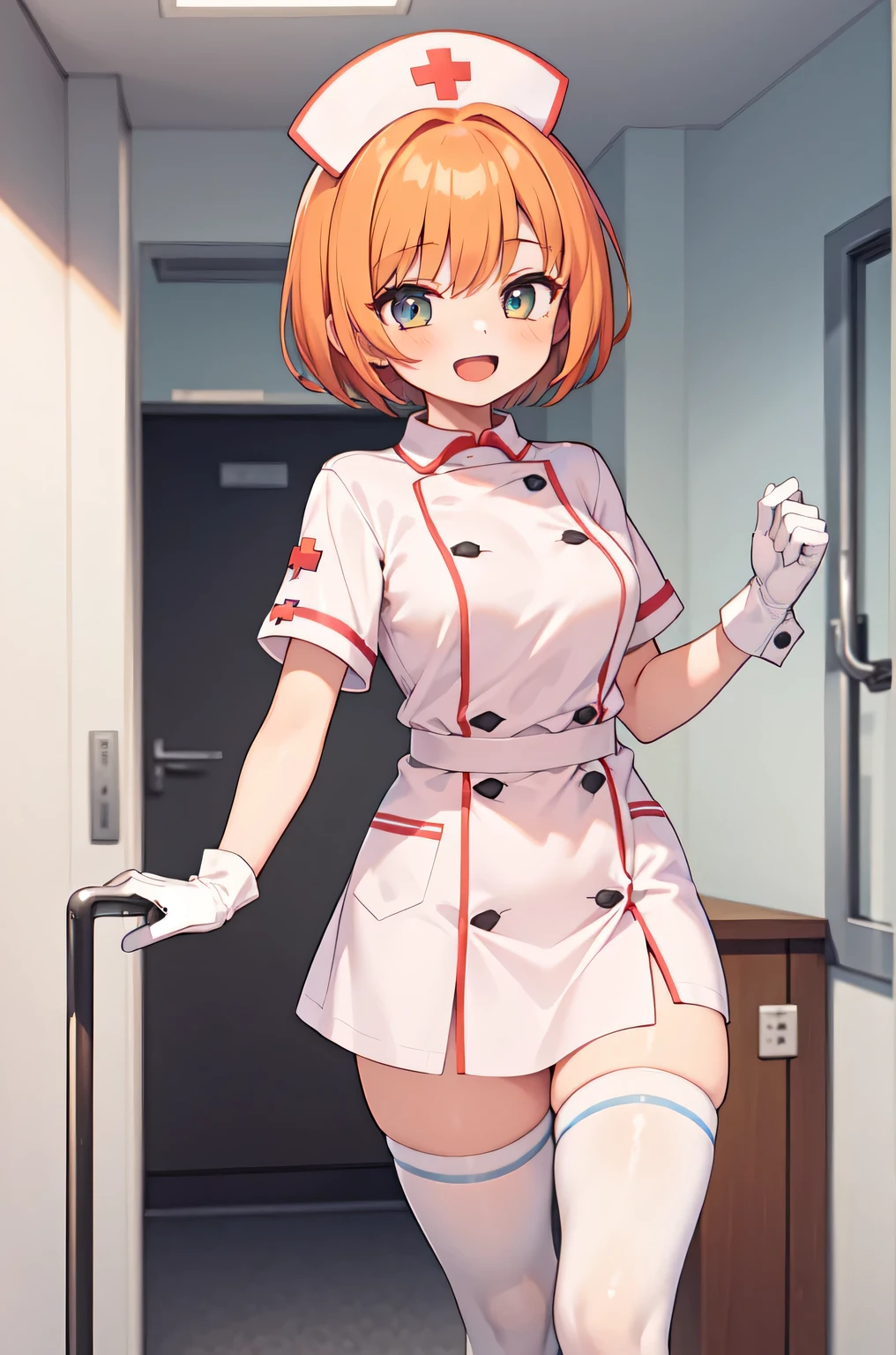 1girl, solo, nurse, nurse cap, white nurse uniform, ((white legwear, zettai ryouiki)), white gloves, very short hair, orange hair, smile, open mouth, standing, ((hospital room)), sharp outline, short sleeves, tomboy, boyish, best quality, masterpiece