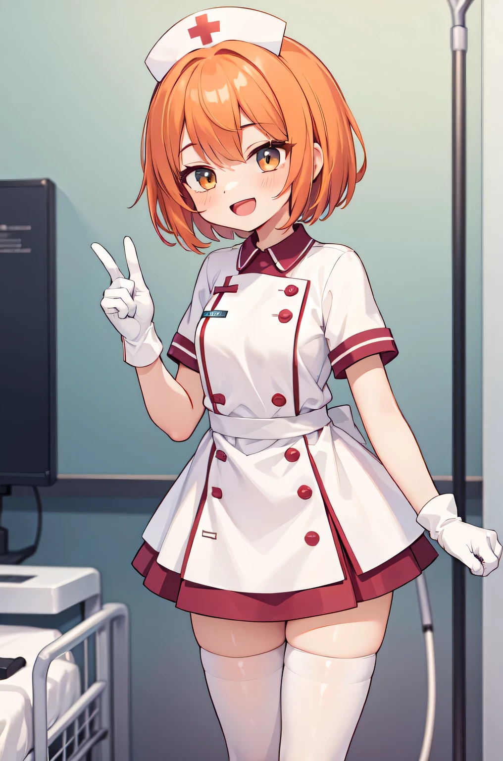 1girl, solo, nurse, nurse cap, white nurse uniform, ((white legwear, zettai ryouiki)), white gloves, very short hair, orange hair, smile, open mouth, standing, ((hospital room)), sharp outline, short sleeves, tomboy, boyish, best quality, masterpiece