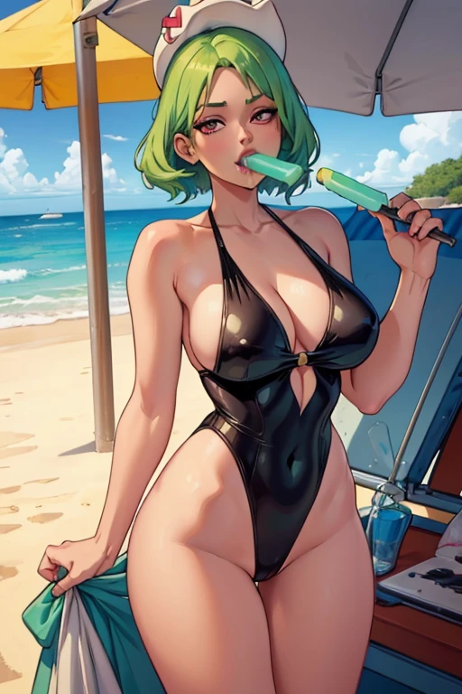 A light green haired woman with pink eyes with an hourglass figure in a one piece swimsuit is licking a popsicle at the beach
