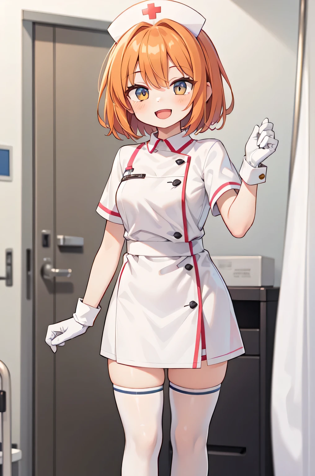 1girl, solo, nurse, nurse cap, white nurse uniform, ((white legwear, zettai ryouiki)), white gloves, very short hair, orange hair, smile, open mouth, standing, ((hospital room)), sharp outline, short sleeves, tomboy, boyish, best quality, masterpiece
