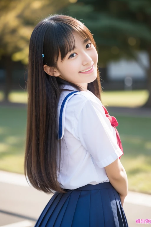 japanese school girl、Looking back in front of the school、アイドルのような可愛らしいsmile、Semi-long hair、Tabletop, highest quality, 8k, Teen, smile,ne, Idol's face, Violet, Gardenias, Delicate girl, Upper Body, Digital SLR, View your viewers, Frank, Sophisticated, Zola々right, Thin arms, Professional Lighting, Film Grain, chromatic aberration, (Eyes and facial details:1.0), (Bokeh:1.1), 、