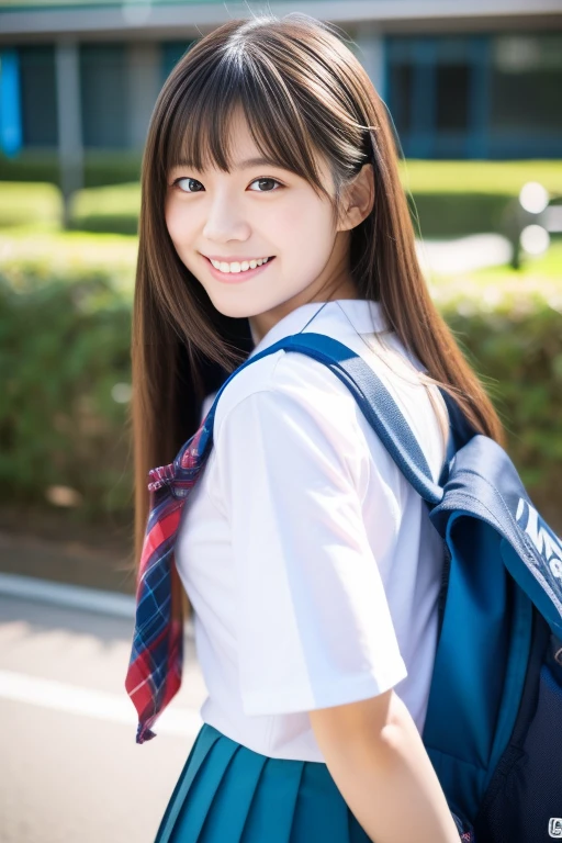 japanese school girl、Looking back in front of the school、アイドルのような可愛らしいsmile、Semi-long hair、Tabletop, highest quality, 8k, Teen, smile,ne, Idol's face, Violet, Gardenias, Delicate girl, Upper Body, Digital SLR, View your viewers, Frank, Sophisticated, Zola々right, Thin arms, Professional Lighting, Film Grain, chromatic aberration, (Eyes and facial details:1.0), (Bokeh:1.1), 、