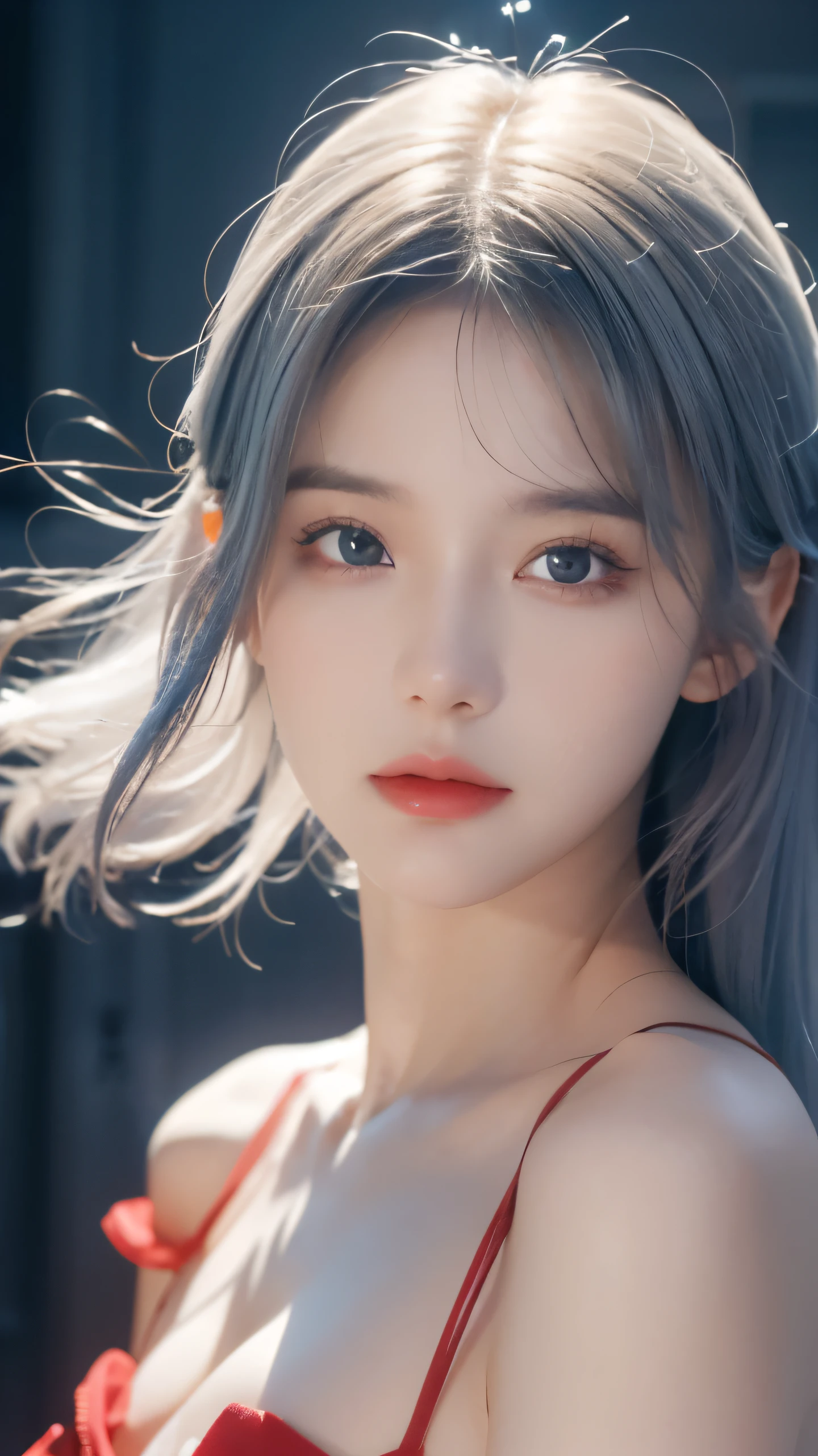 masterpiece,best quality,high resolution,8k,(portrait),(Close-up of the portrait),(RAW photos),real picture,Digital Photography,(Girl wearing),19 year old girl,White hair,By Bangs,(Blue and red gradient hair),((Red Eyes)),Elegant and charming,cleveage,Full breasts,badge,Simple clothing patterns,shut your mouth,Calm and serious,(Police Officer),Photo poses,Practical,Gray World Background,oc render reflection texture