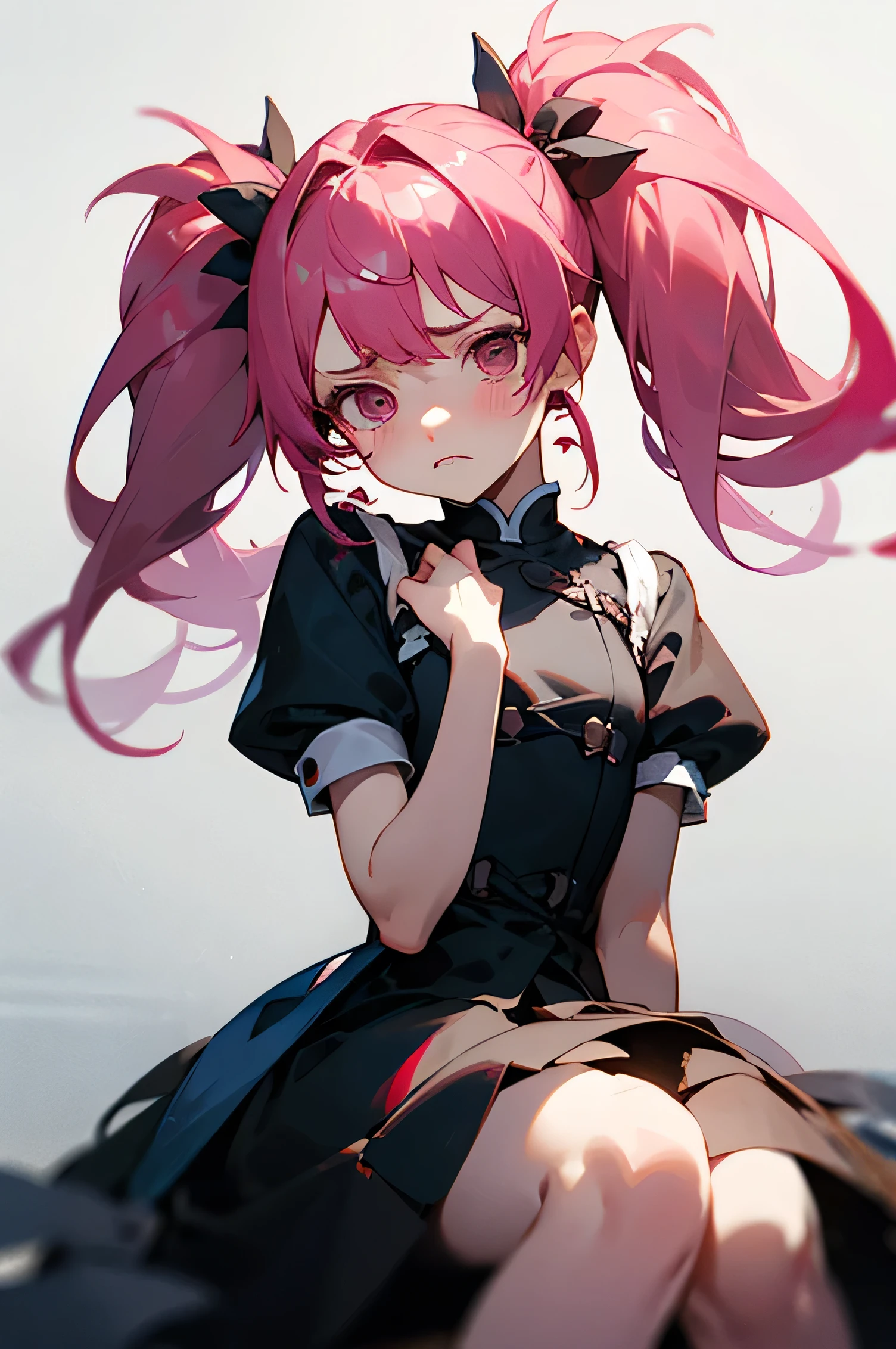 A short girl with a sad look。Her hairstyle is twin tails.。Her hair is pink。With a yandere feel