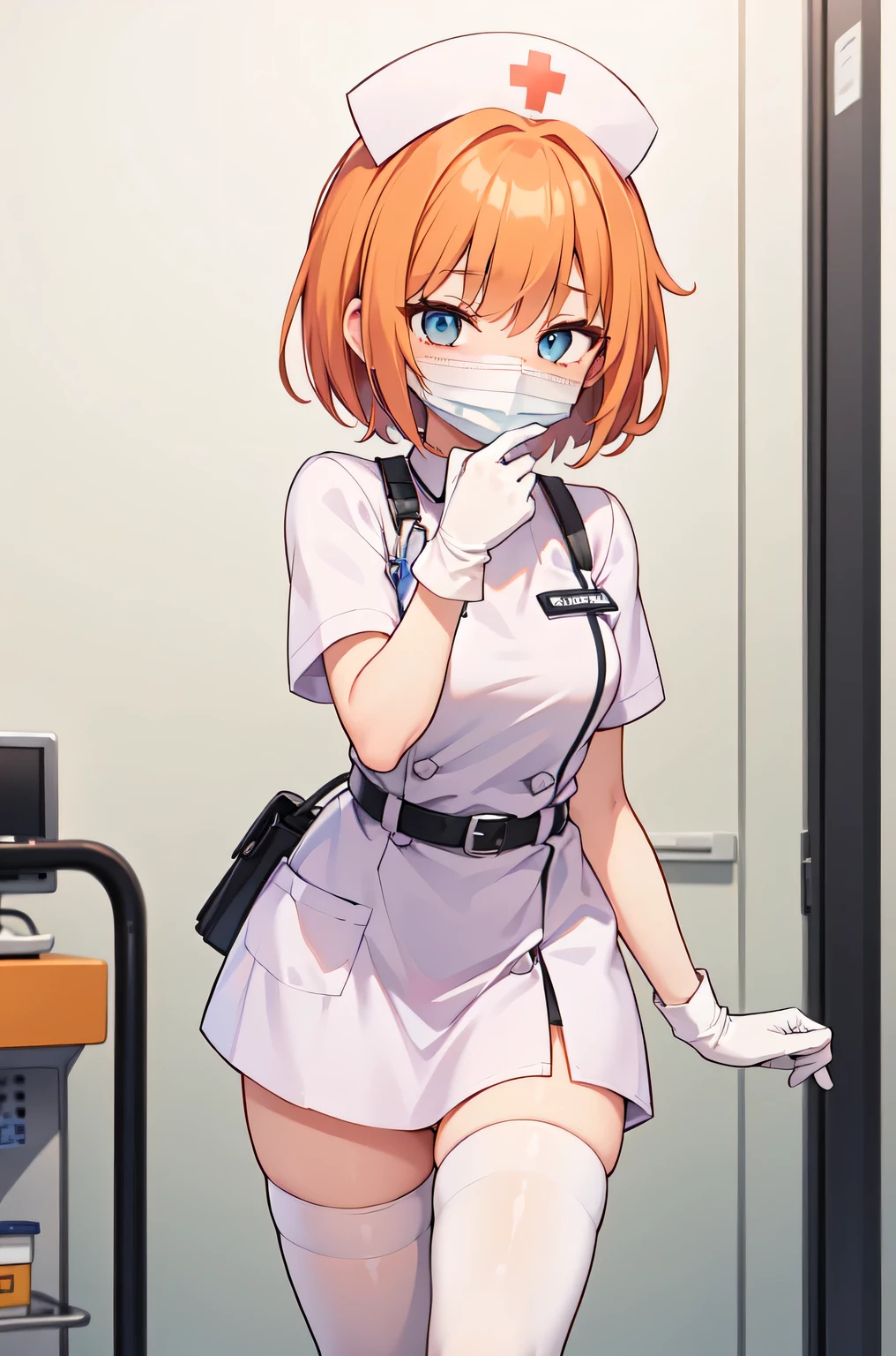 1girl, solo, nurse, nurse cap, white nurse uniform, ((white legwear, zettai ryouiki)), white gloves, very short hair, orange hair, ((white surgical mask, covered nose)), standing, ((hospital room)), sharp outline, short sleeves, tomboy, boyish, best quality, masterpiece