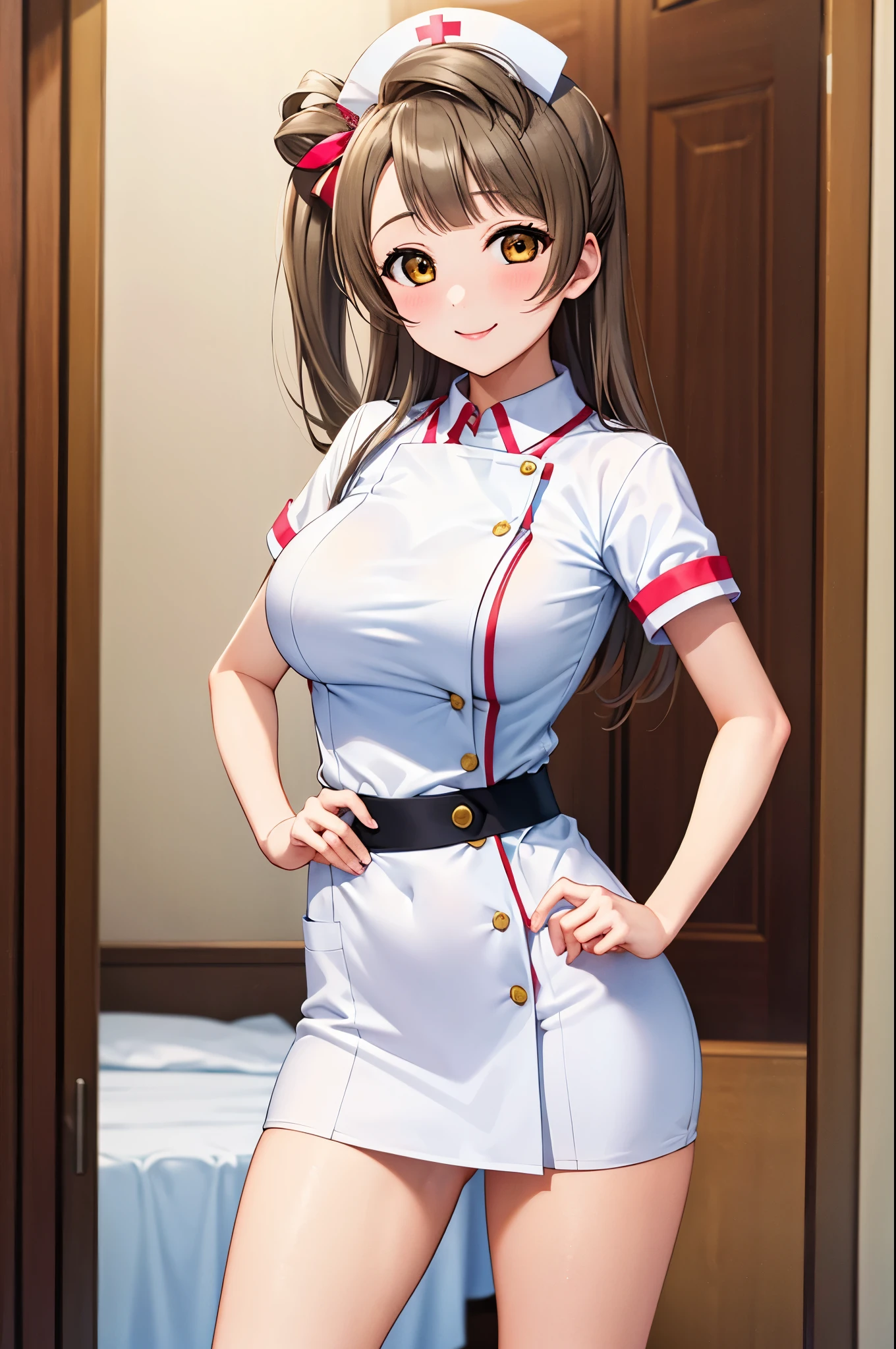 Masterpiece, best quality, cowboy shot,solo,minami kotori, standing, white nurse custom, nurse cap, (contrapposto:1.2),big breasts, skin tight, thighs , sexy smile 