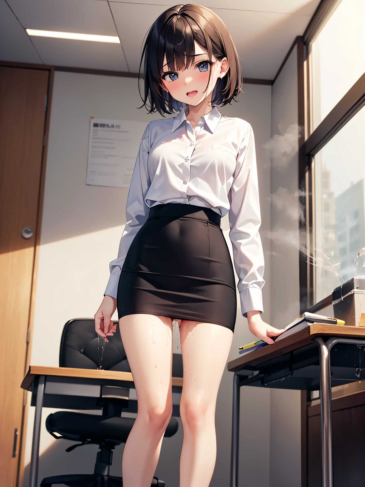(Masterpiece、RAW photo),(highest quality),(Very detailed:1.3), slender body, (Very delicate and beautiful face), (Small beautiful eyes), 20-year-old、Japanese women、very cute, (OL, office lady, white shirt, pencil skirt:1.2)、shirt front open, (short hair, messy hair), (embarrassed)、 (looking at viewer), (Standing with legs together:1.5), (anatomically correct:1.2), Long, slender legs, hand between legs, (pussy juice:1.5), (steam , orgasm face:1.2)