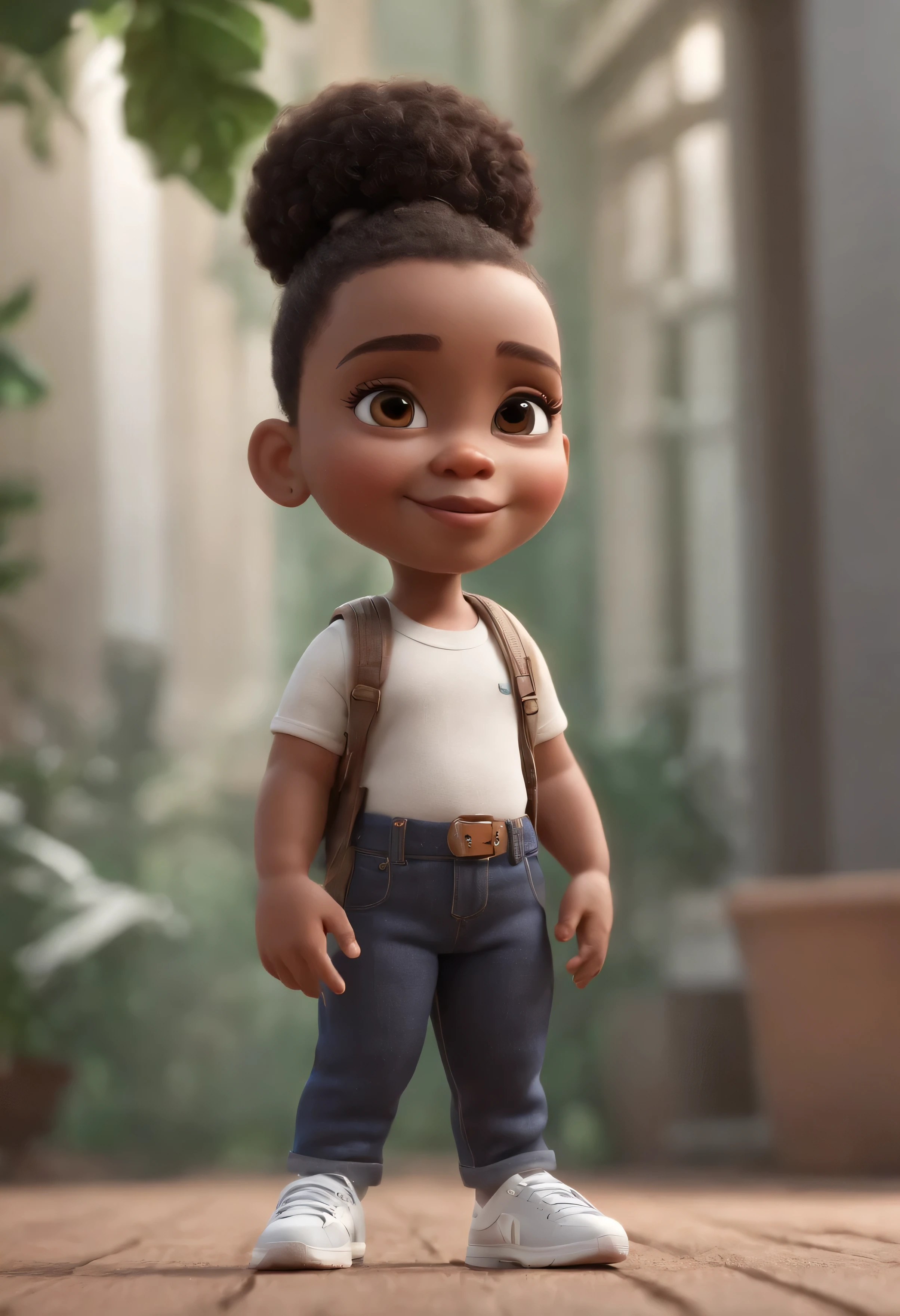 Personagem de desenho animado de uma mulher com camisa preta, All Star Sweatpants & sneaker, cabelo curto Pixie CUT afro brasileiro de cor CASTANHO, acima do peso. Em cima,boca carnuda,olhos mel,animated character, Caractere estilizado, animation style rendering, 3D estilizado, Arnold Maya render, 3 d render stylized, toon render keyshot, Personagem 3D, Personagem 3D, 3d rendering stylized, 3 d character render, personagem de desenho animado, Personagem de close up, Pose de personagem, (Estilo Pixar) (master part:1.2) (Bokeh) (melhor qualidade) (pele detalhada branca) (textura detalhada) (8k) (Cinematic lighting)