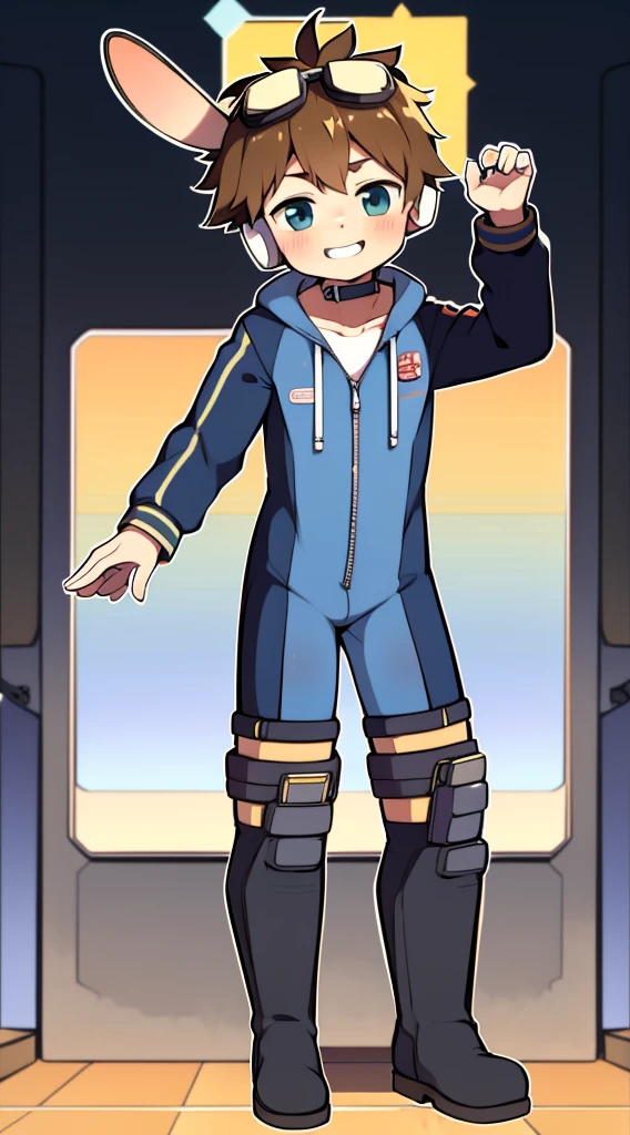 2D Boy Shota,One-piece mountaineering suit,Slim, healthy body,Put the headphones on your head,stand up,goggles,Rabbit ears,happy,Sailor collar,tie,Zipper pulled down,boots,Charming
