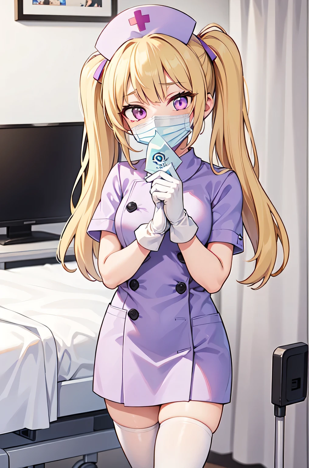 1girl, solo, nurse, nurse cap, white nurse uniform, ((white legwear, zettai ryouiki)), white gloves, twintails, yellow hair, purple eyes, ((white surgical mask, covered nose)), standing, ((hospital room)), sharp outline, short sleeves, best quality, masterpiece