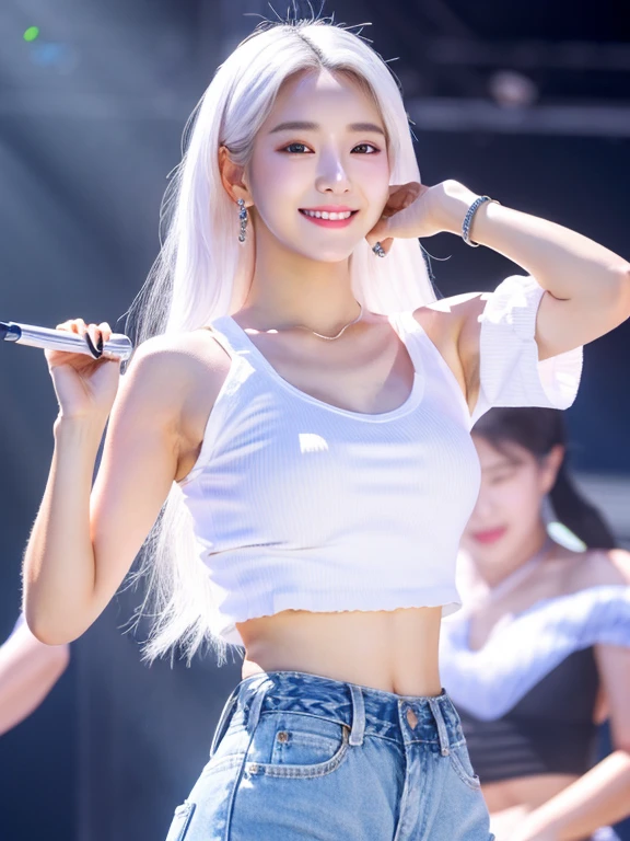 best quality,masterpiece,high resolution,HD,super clear face,a korean beauty,24 years old,Korean female idol,white hair,white hair,princess head,Korean makeup,Cool summer belly-revealing performance clothes,On stage in summer style,Perfect smile,Small waist,True Body