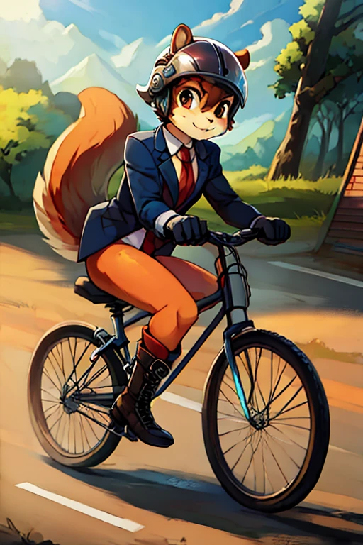 boy, squirrel, furry, bodyfur, blazer, color tights, bottomless, gloves, boots, ride, bicycle, helmet