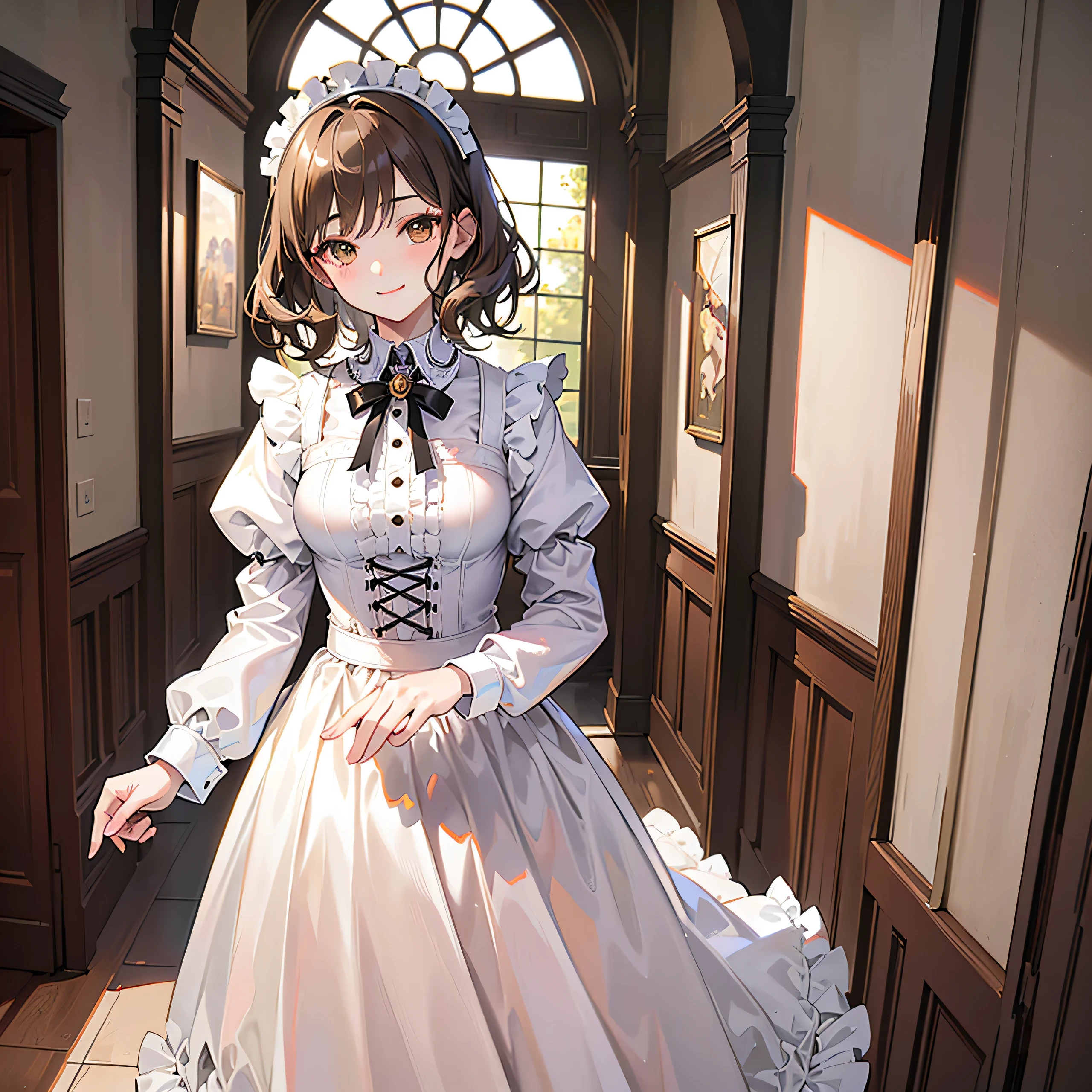 ((best quality)), ((masterpiece)), ((high resolution)), ((ultra-detailed)), ((best illustration)), (detailed), perfect face, perfect fingers, perfect hands, one girl, anime, smiling, late teens, short hair, wavy hair, light brown hair, light brown eyes, maid uniform, small breasts, mansion hallway background 