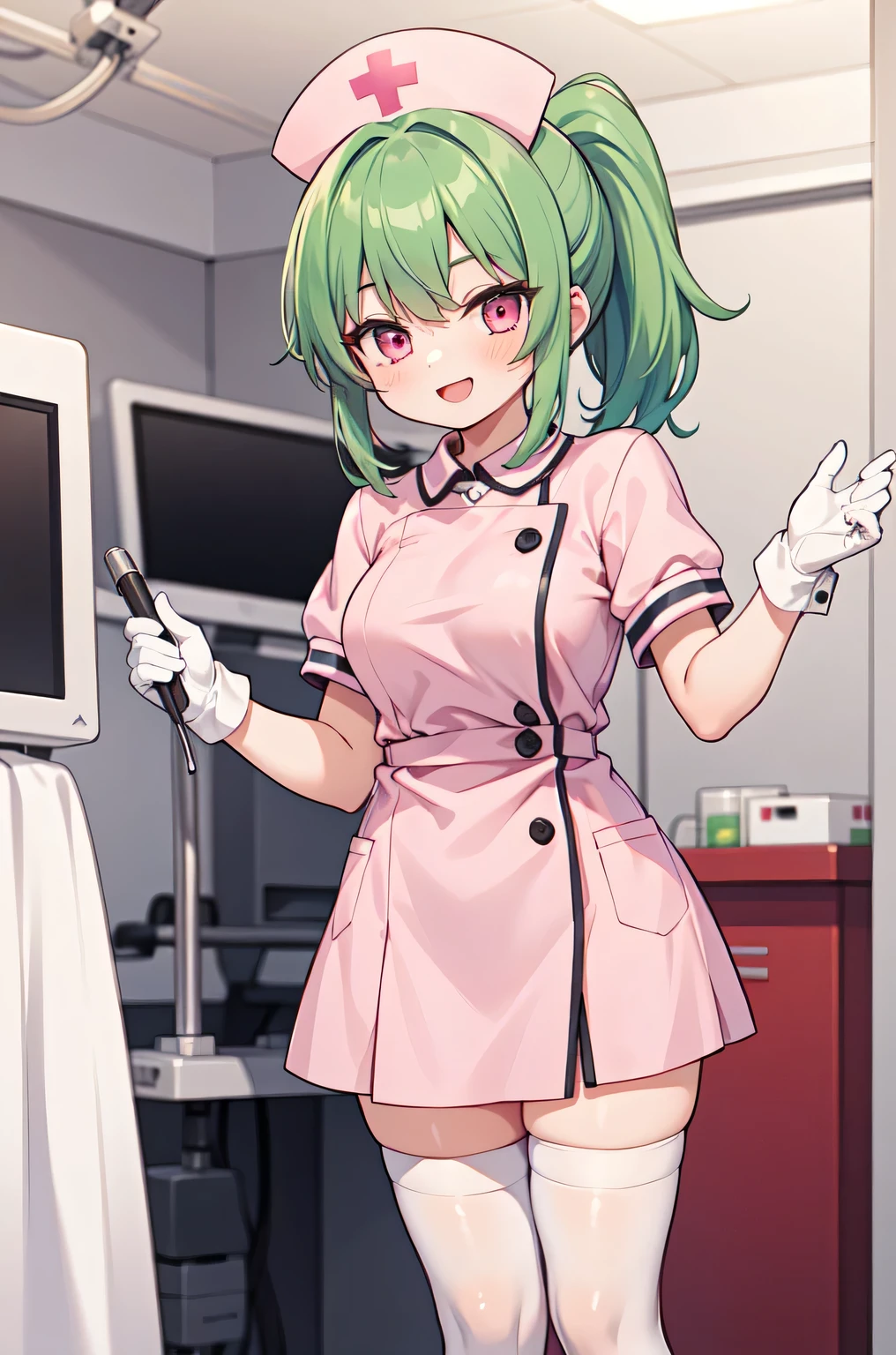 1girl, solo, nurse, nurse cap, white nurse uniform, ((white legwear, zettai ryouiki)), white gloves, ponytail, green hair, pink eyes, smile, standing, ((hospital room)), sharp outline, short sleeves, best quality, masterpiece