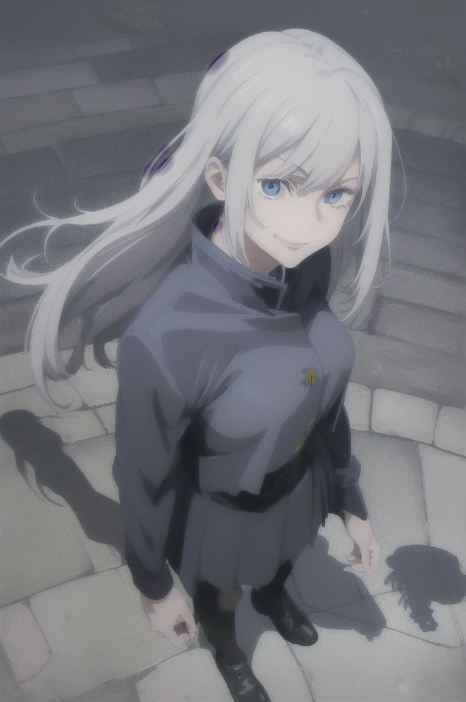 (masterpiece), (best quality), (ultra-detailed), (best illustration), (best shadow), (absurdres), long hair, white hair, ((blue eyes)), , 1girl, solo, jacket, bangs, gakuran, smile, long sleeves, looking at viewer, upper body,