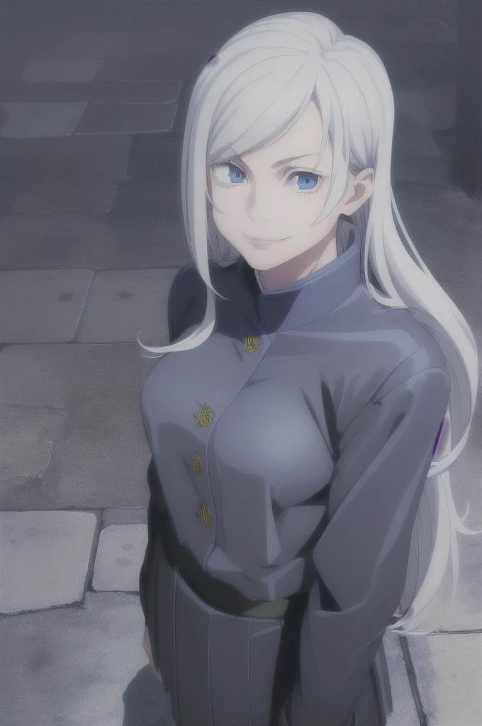 (masterpiece), (best quality), (ultra-detailed), (best illustration), (best shadow), (absurdres), long hair, white hair, ((blue eyes)), , 1girl, solo, jacket, bangs, gakuran, smile, long sleeves, looking at viewer, upper body,