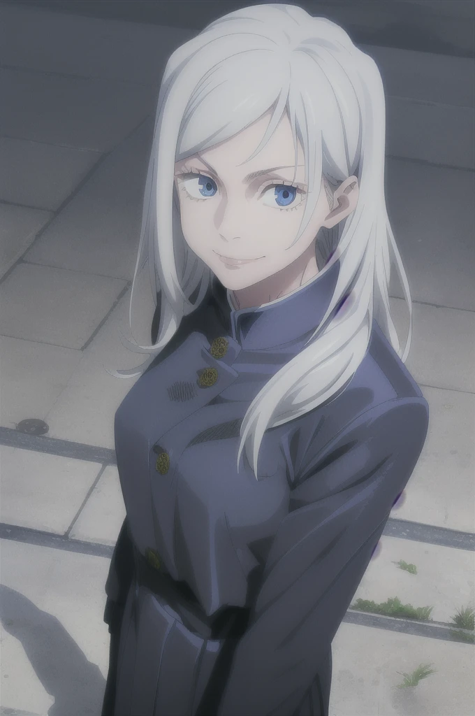(masterpiece), (best quality), (ultra-detailed), (best illustration), (best shadow), (absurdres), long hair, white hair, ((blue eyes)), , 1girl, solo, jacket, bangs, gakuran, smile, long sleeves, looking at viewer, upper body,