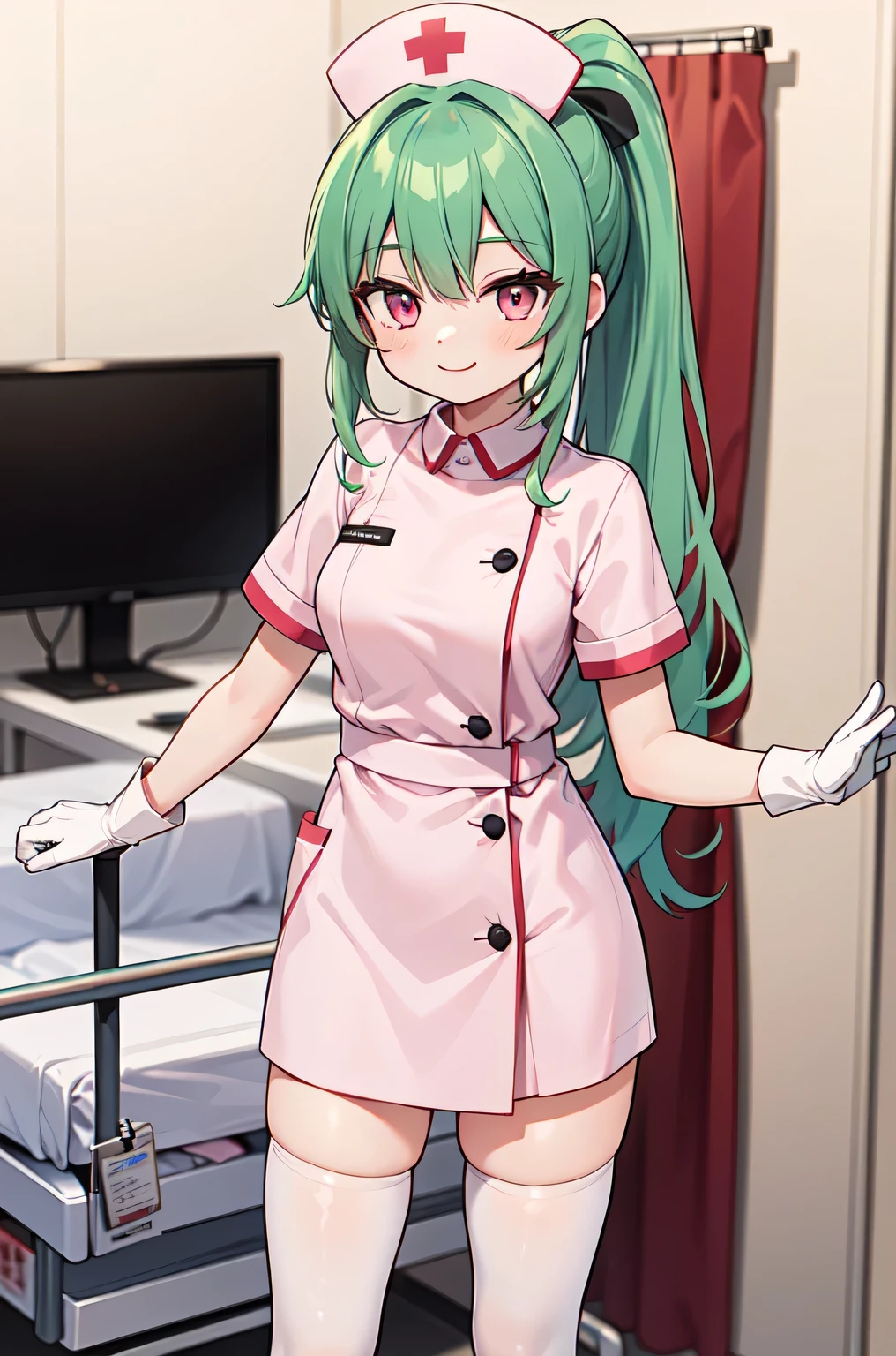 1girl, solo, nurse, nurse cap, white nurse uniform, ((white legwear, zettai ryouiki)), white gloves, ponytail, green hair, pink eyes, smile, standing, ((hospital room)), sharp outline, short sleeves, best quality, masterpiece