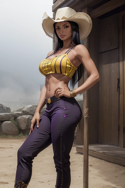 (masterpiece), best quality, expressive eyes, perfect face, Nico Robin in Cloudy Temple, (Fog background), (walking), (smirk), (closeup view), (1girl, Nico Robin face, dark skin, tanned skin, tan, black hair, bangs haistyle, brown eyes, hourglass figure, skinny body, large breasts, huge breasts, oppai, wide hips, thick thighs, (yellow), yellow top with black waivy stripe pattern, sleeveless, spaghetti straps, purple pants, white cowboy hat, tribal armband, heels), 