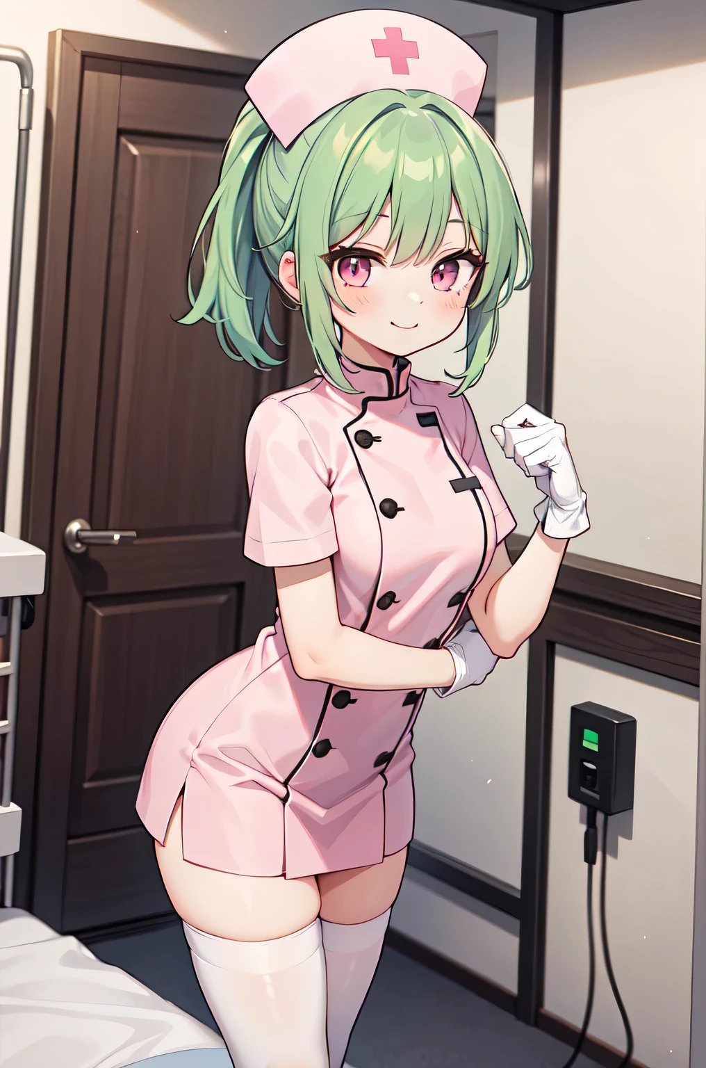 1girl, solo, nurse, nurse cap, white nurse uniform, ((white legwear, zettai ryouiki)), white gloves, ponytail, green hair, pink eyes, smile, standing, ((hospital room)), sharp outline, short sleeves, best quality, masterpiece