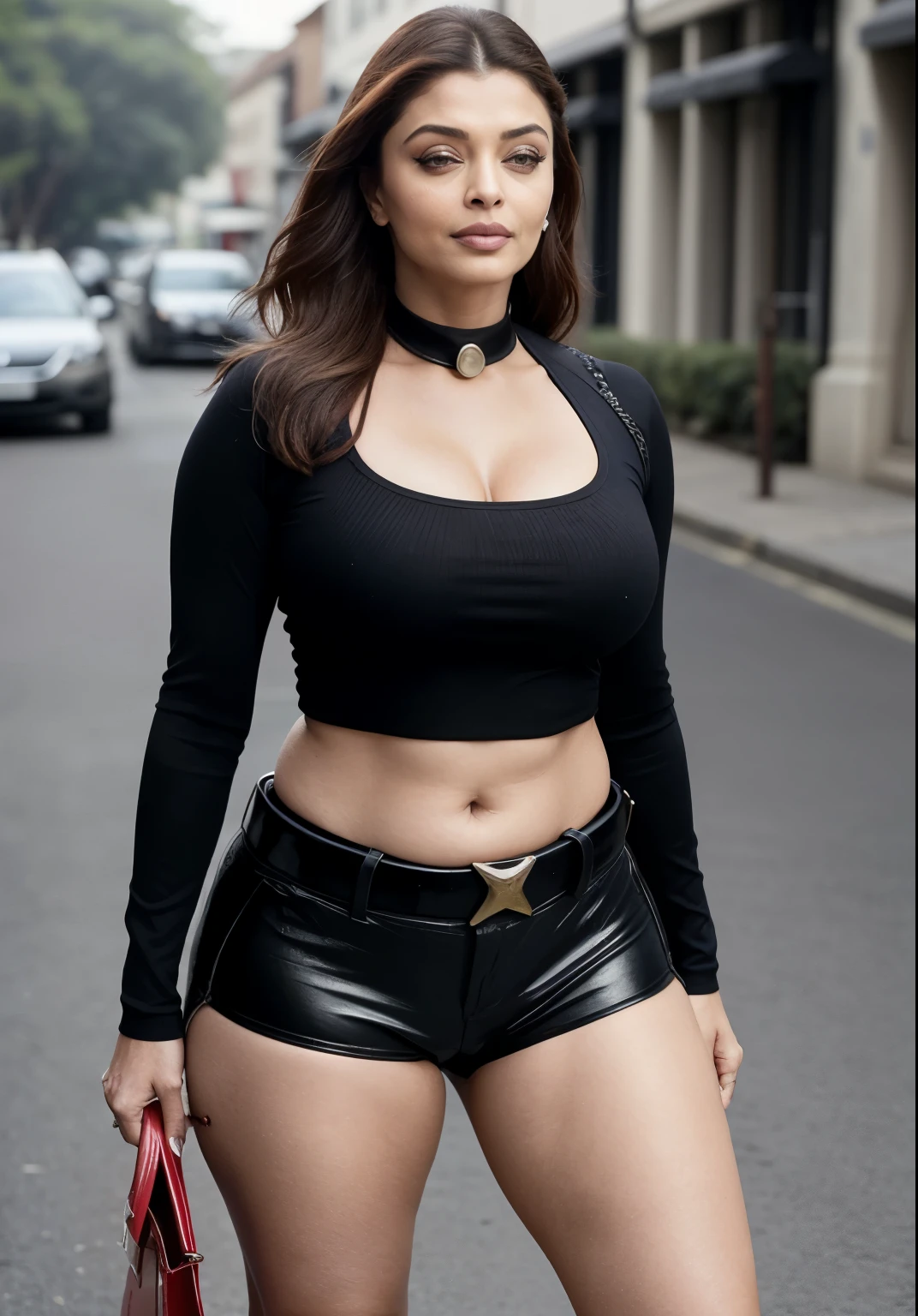 50yo mature MILF Aishwarya Rai as police officer, red police uniform, tight shirt, ((very high heels)), ponytail hair, mature athletic curvaceous milf body, ((catwalk alone in street)), hourglass milf figure, medium breasts, sunny day, (((seductive expression))) on her face, look at a camera and wink one eye, soft volumetric lights, intricate details, (ArtStation:1.2)