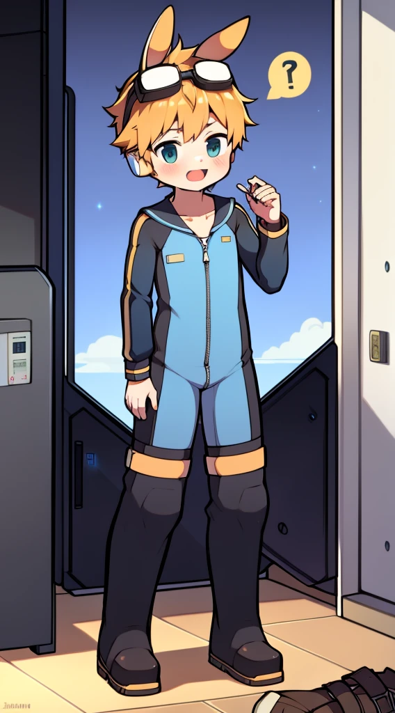 2D Boy Shota,One-piece mountaineering suit,Slim, healthy body,Put the headphones on your head,stand up,goggles,Rabbit ears,happy,Sailor collar,tie,Zipper pulled down,boots,Charming