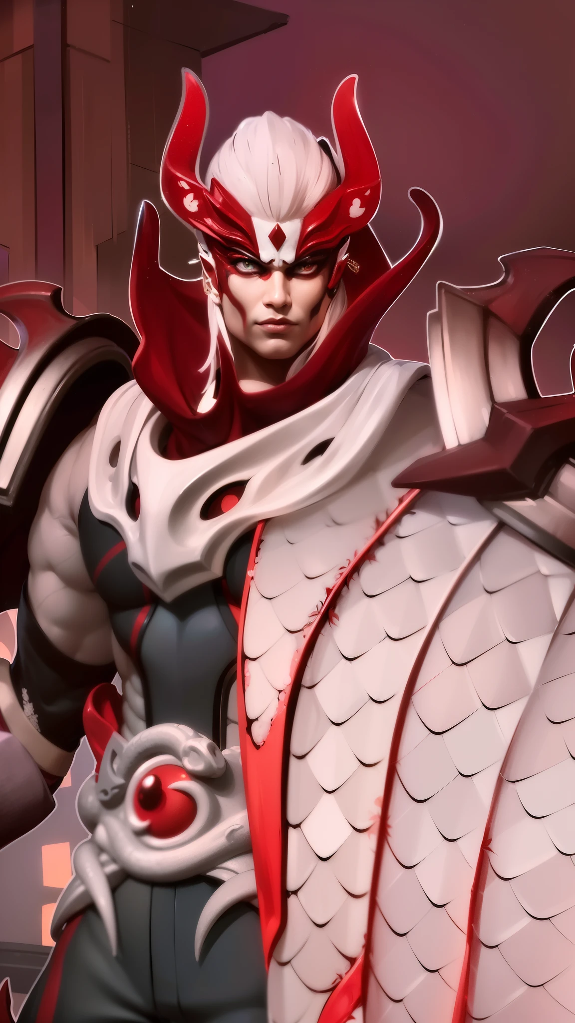 a close up of a man with a red and white costume on, onmyoji portrait, dota 2 concept art, painted portrait of mordekaiser, onmyoji detailed art, inspired by Huang Shen, dota character, dota 2 hero, hero from dota 2, onmyoji, 8k hd wallpaperjpeg artifact, 8 k hd wallpaperjpeg artifact, Best quality, masterpiece, detailed skin texture, detailed clothes texture, detailed face, super detail, 8k, intricate detail, 1 boy, The color doesn't change, Muscle guy, 1 guy, red eyes.