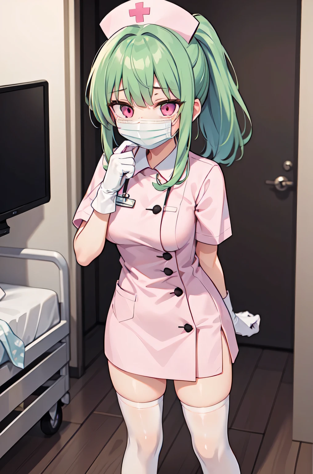 1girl, solo, nurse, nurse cap, white nurse uniform, ((white legwear, zettai ryouiki)), white gloves, ponytail, green hair, pink eyes, ((white surgical mask, covered nose)), standing, ((hospital room)), sharp outline, short sleeves, best quality, masterpiece