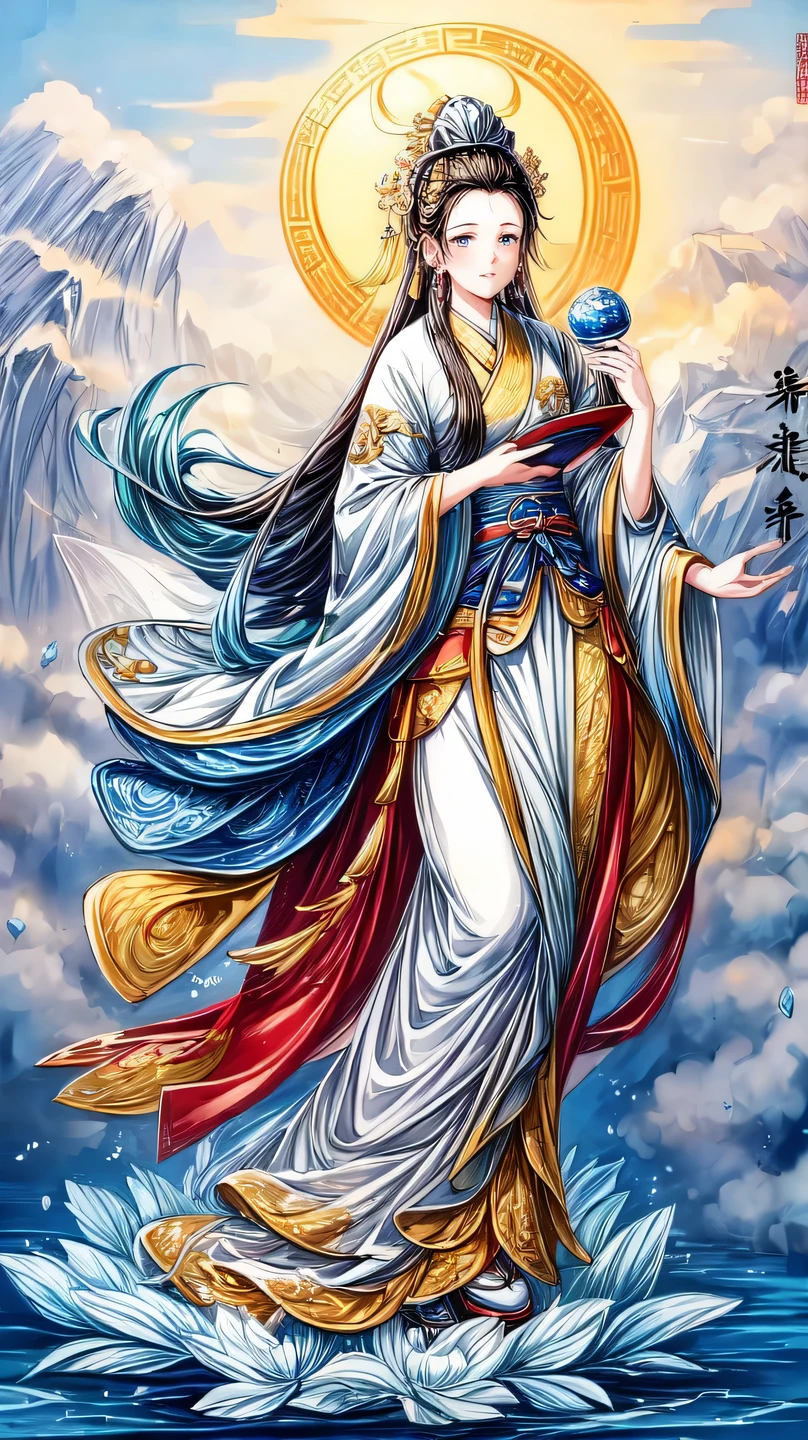 ((best quality)), ((masterpiece)),
((guanyin,1girl)),(chinese text,  text focus,wall of text),water and cloud, lotus,full moon,hanfu