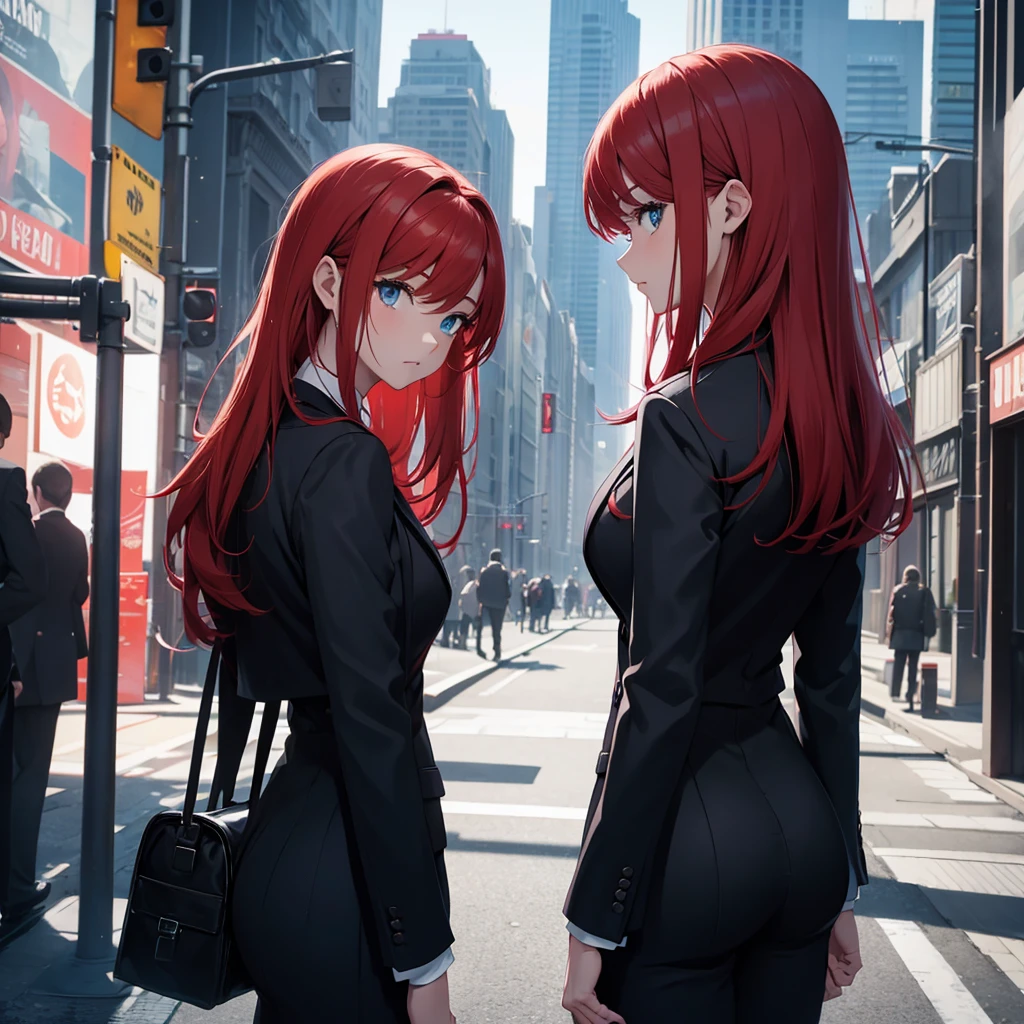 1girl, red hair, light blue eyes, wearing all black suit, city, absurdres, high res, ultrasharp, 8K, masterpiece, looking from behind