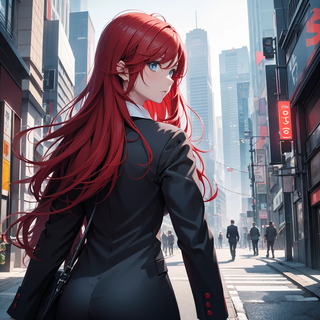 1girl, red hair, light blue eyes, wearing all black suit, city, absurdres, high res, ultrasharp, 8K, masterpiece, looking from behind