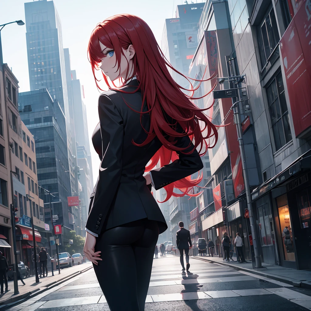 1girl, red hair, light blue eyes, wearing all black suit, city, absurdres, high res, ultrasharp, 8K, masterpiece, looking from behind