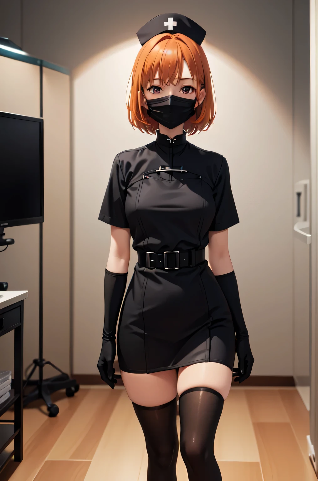 black nurse, 1girl, solo, black nurse cap, black nurse uniform, ((black legwear, zettai ryouiki)), black elbow gloves, very short hair, orange hair, ((black surgical mask, covered nose)), standing, ((surgery room)), sharp outline, short sleeves, tomboy, boyish, best quality, masterpiece