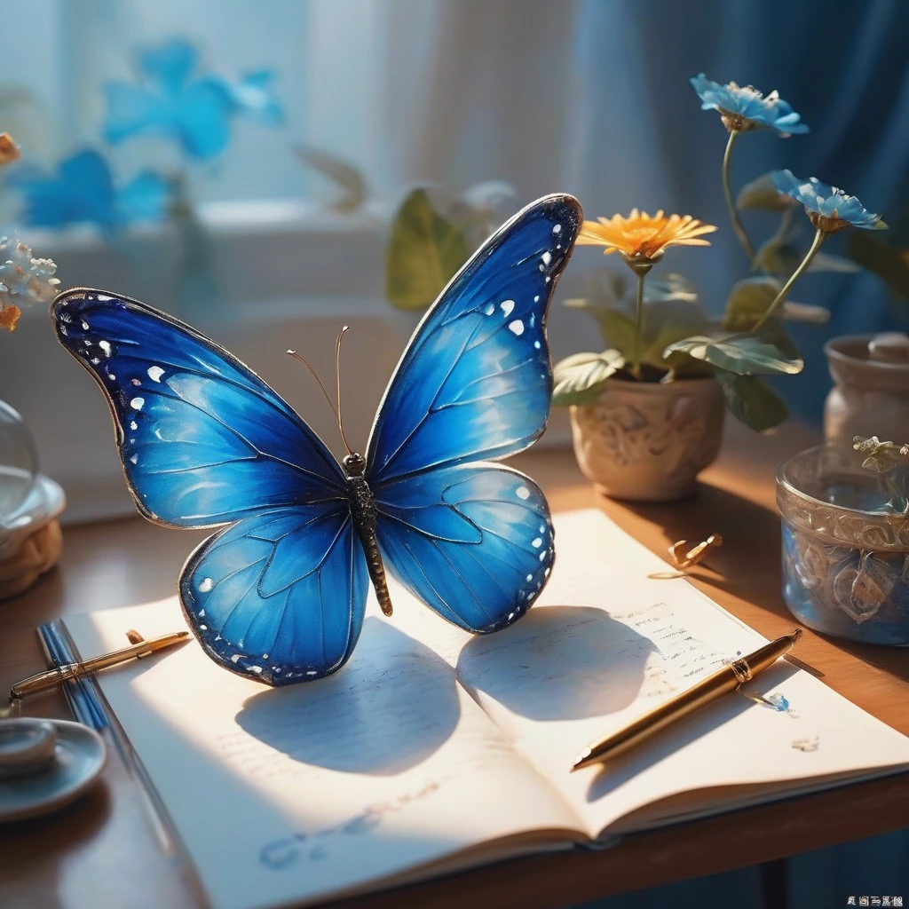 Produced by ais-rcn,8k Photo,letter,Like a blue butterfly,Dancing with the Pen,Transform ideas into beautiful works of art,Flexible,Side light