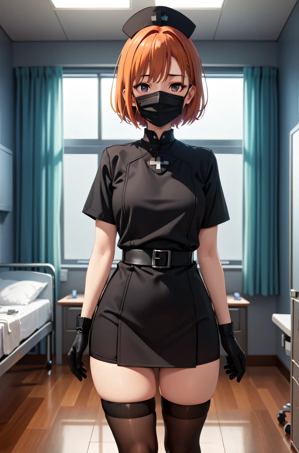 black nurse, 1girl, solo, black nurse cap, black nurse uniform, ((black legwear, zettai ryouiki)), black elbow gloves, very short hair, orange hair, ((black surgical mask, covered nose)), standing, ((surgery room)), sharp outline, short sleeves, tomboy, boyish, best quality, masterpiece