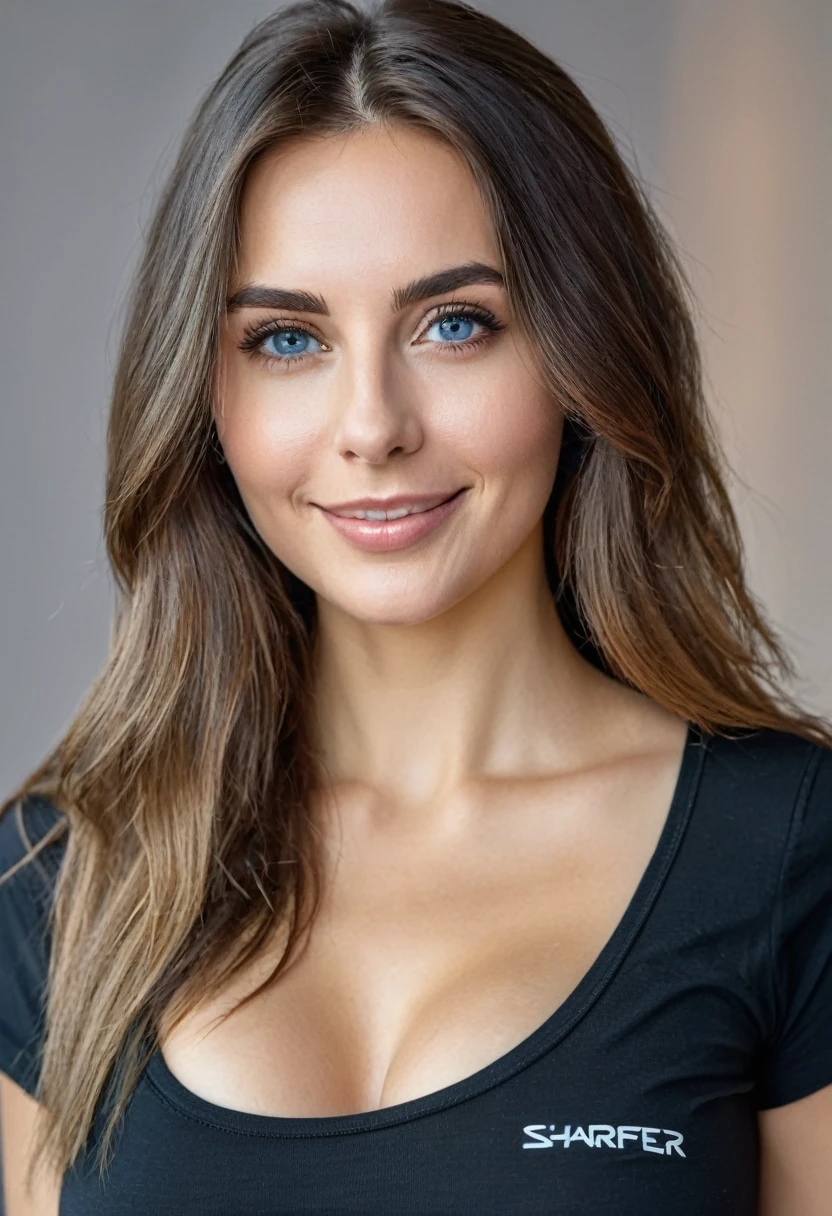 Beautiful brunette with blonde highlights wearing a black t-shirt (im Raum ), sehr detailiert, Vor 22 Jahren, , , unschuldiges Gesicht, naturally long straight hair, blaue Augen, High resolution, Meisterwerk, highest quality, aufwendige, hochdetaillierte, sehr detailiert, scharfer Fokus, feine Haut, realistisch skin Textur, Textur, beautiful eyes, Fachmann, 4K, sweet smile, Fotografiert mit Canon, 85mm, shallow depth of field, Kodak Vision Farbe, Perfectly fitting body , sehr detailiert, Foto_\(Ultra\), realistisch, realistisch, Nachbearbeitung, Maximale Details, Rauheit, wahres Leben, Ultra realistisch, Fotorealismus, Foto, 8K UHD, Foto, (((natural breasts))), upper body
