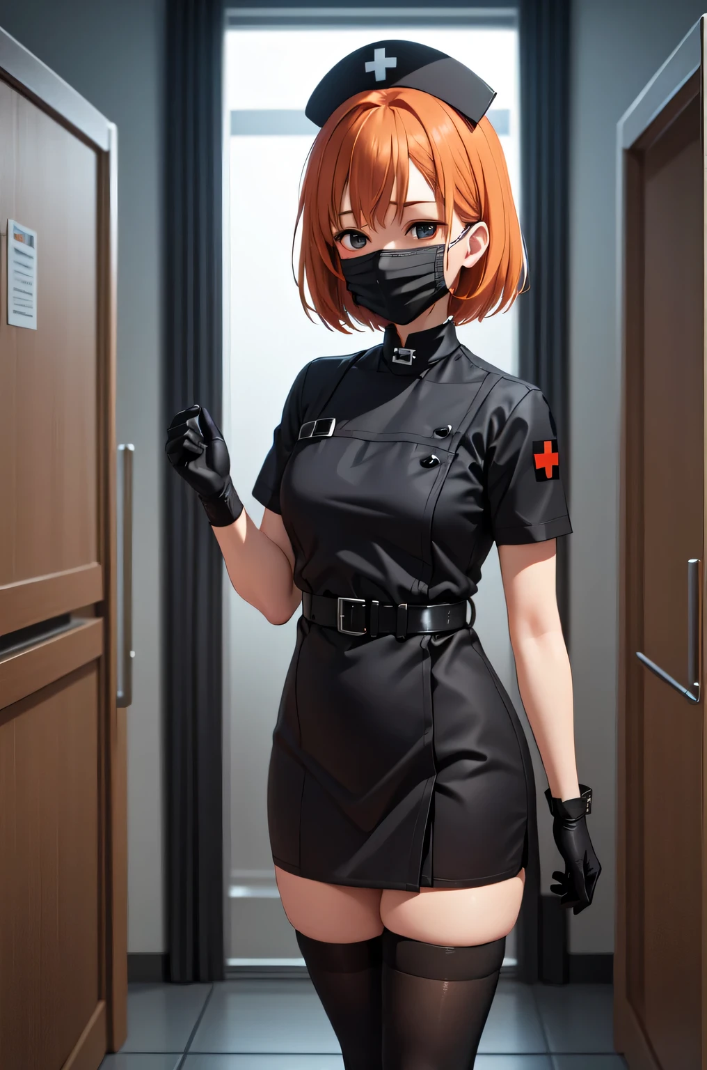 black nurse, 1girl, solo, black nurse cap, black nurse uniform, ((black legwear, zettai ryouiki)), black elbow gloves, very short hair, orange hair, ((black surgical mask, covered nose)), standing, ((surgery room)), sharp outline, short sleeves, tomboy, boyish, best quality, masterpiece