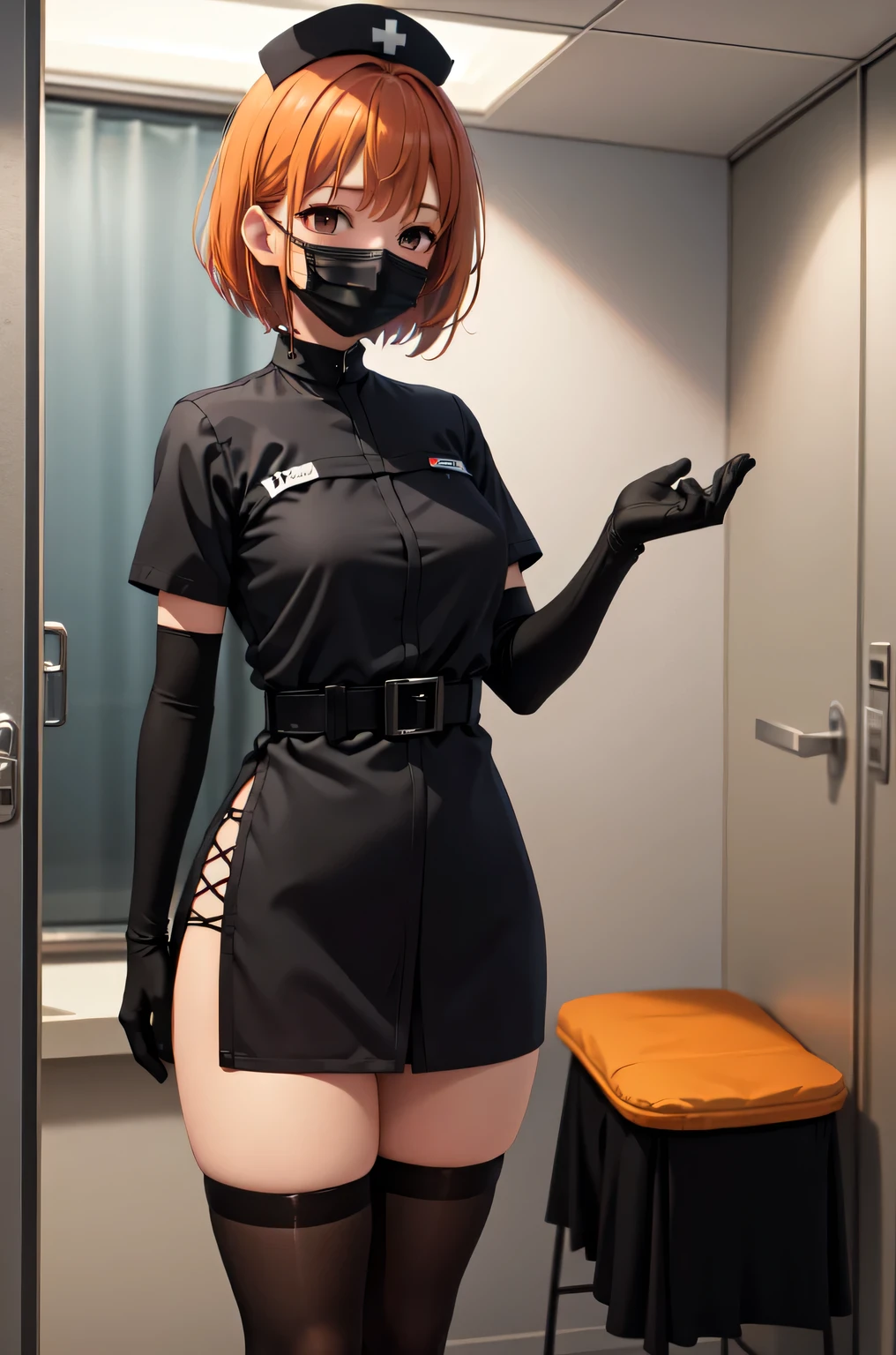 black nurse, 1girl, solo, black nurse cap, black nurse uniform, ((black legwear, zettai ryouiki)), black elbow gloves, very short hair, orange hair, ((black surgical mask, covered nose)), standing, ((surgery room)), sharp outline, short sleeves, tomboy, boyish, best quality, masterpiece