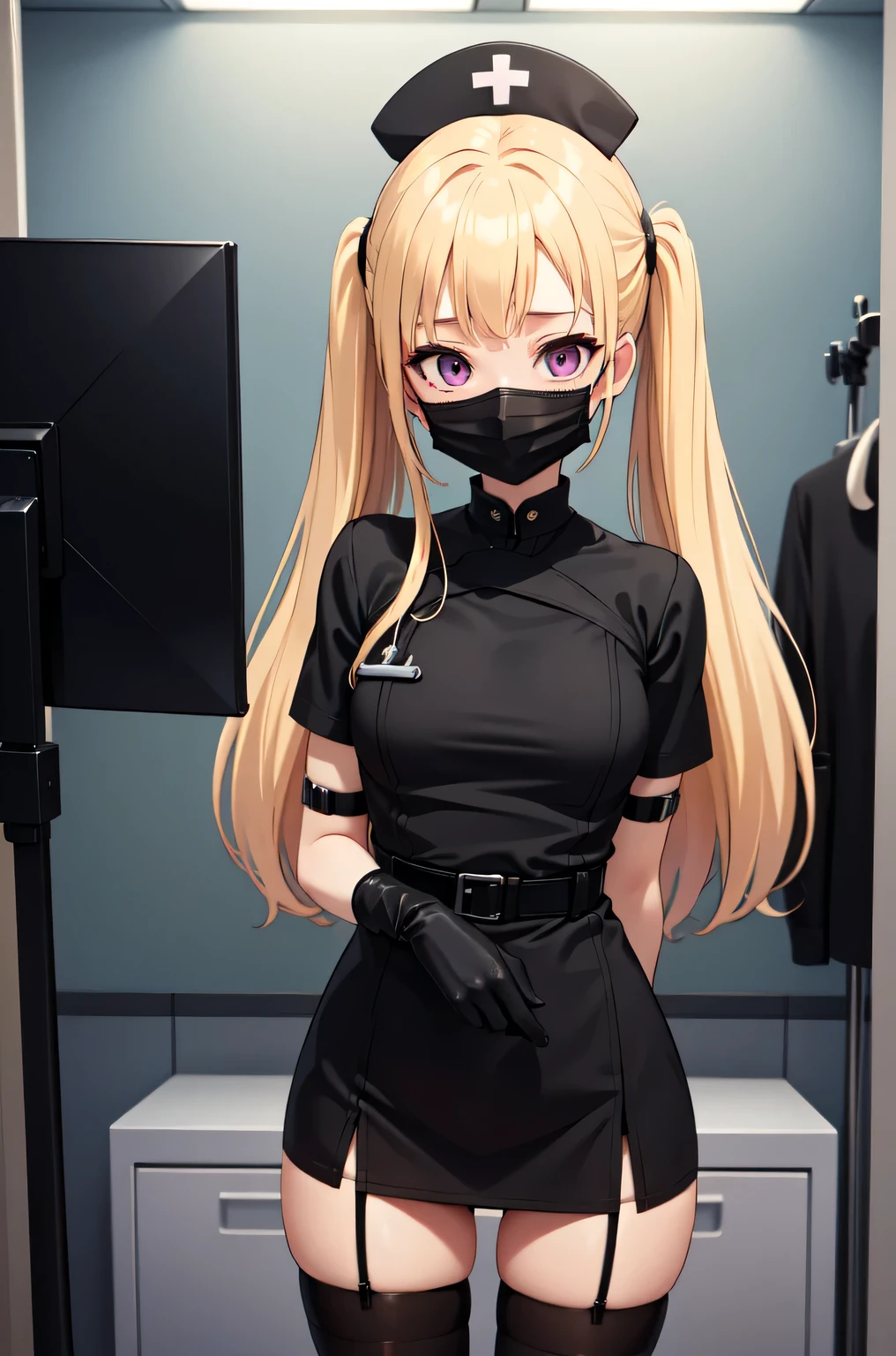 black nurse, 1girl, solo, black nurse cap, black nurse uniform, ((black legwear, zettai ryouiki)), black elbow gloves, twintails, yellow hair, purple eyes, ((black surgical mask, covered nose)), standing, ((surgery room)), sharp outline, short sleeves, best quality, masterpiece